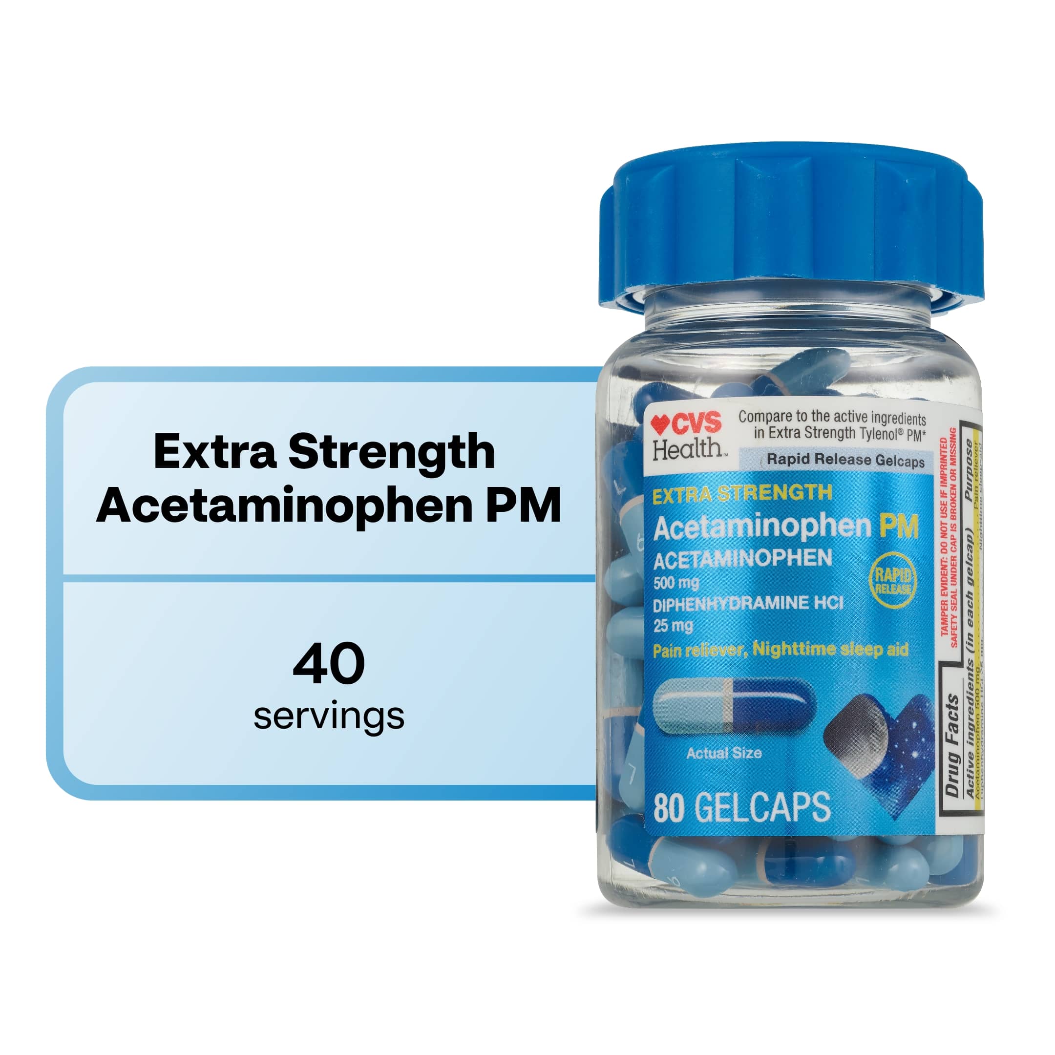 CVS Health Extra Stength Acetaminophen PM Pain Reliever & Nighttime Sleep-Aid Gelcaps, 80 CT