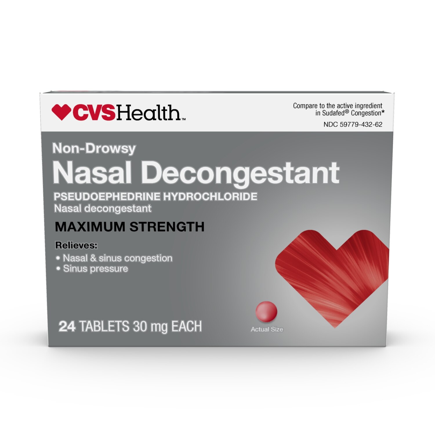 CVS Health Nasal Decongestant Pseudoephedrine HCl 30 mg Tablets, Non ...