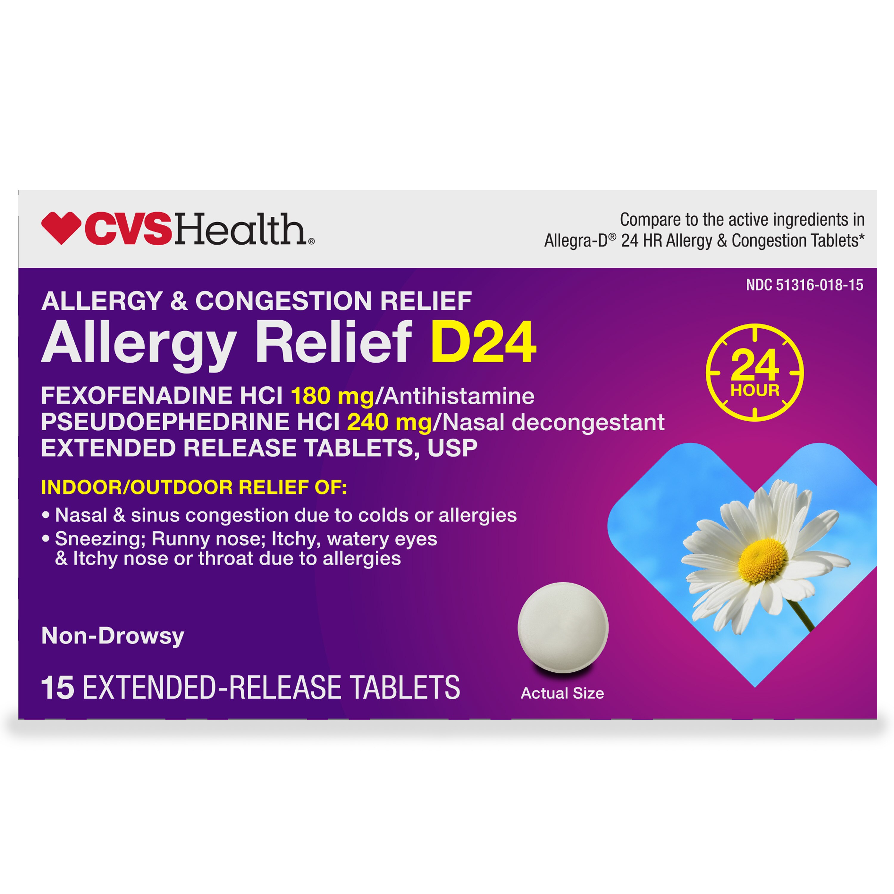 CVS Health Allergy Relief D Extended-Release Tablets, Fexofenadine HCl 180 mg & Pseudoephedrine HCl 240 mg Extended-Release Tablets, USP, 15 CT