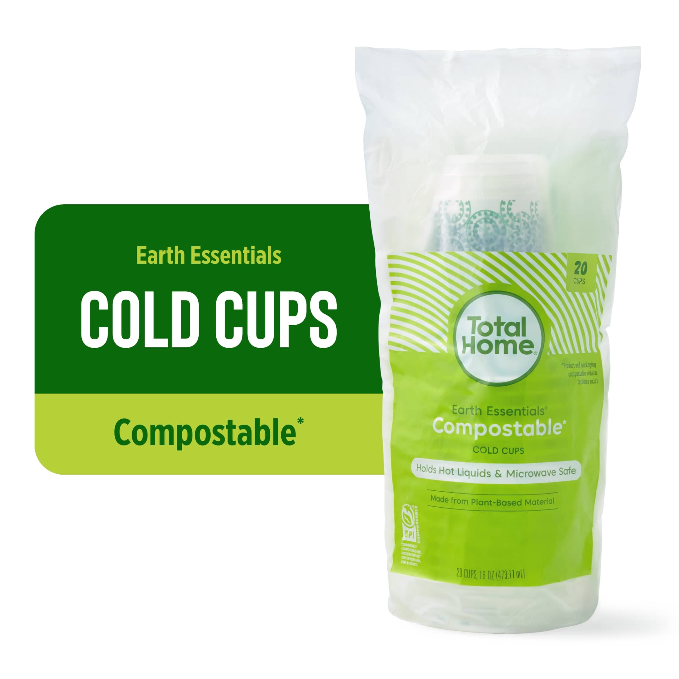 Total Home Earth Essentials Compostable Cold Cups, 20 ct, 16 oz