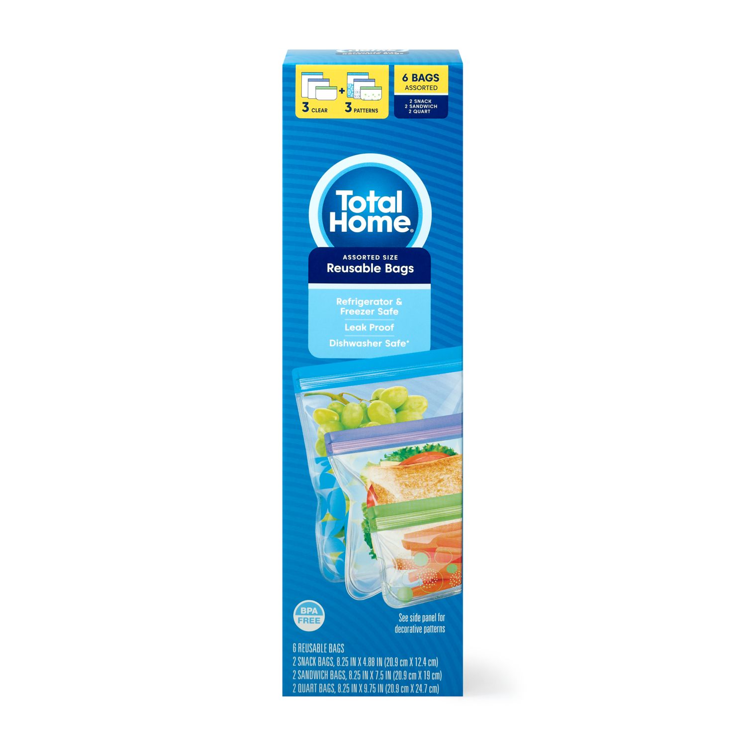 Total Home Reusable Food Storage Bags, Assorted, 6 ct