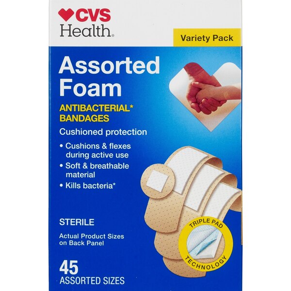 CVS Health Foam Antibacterial Bandages, Assorted Sizes, 45 CT