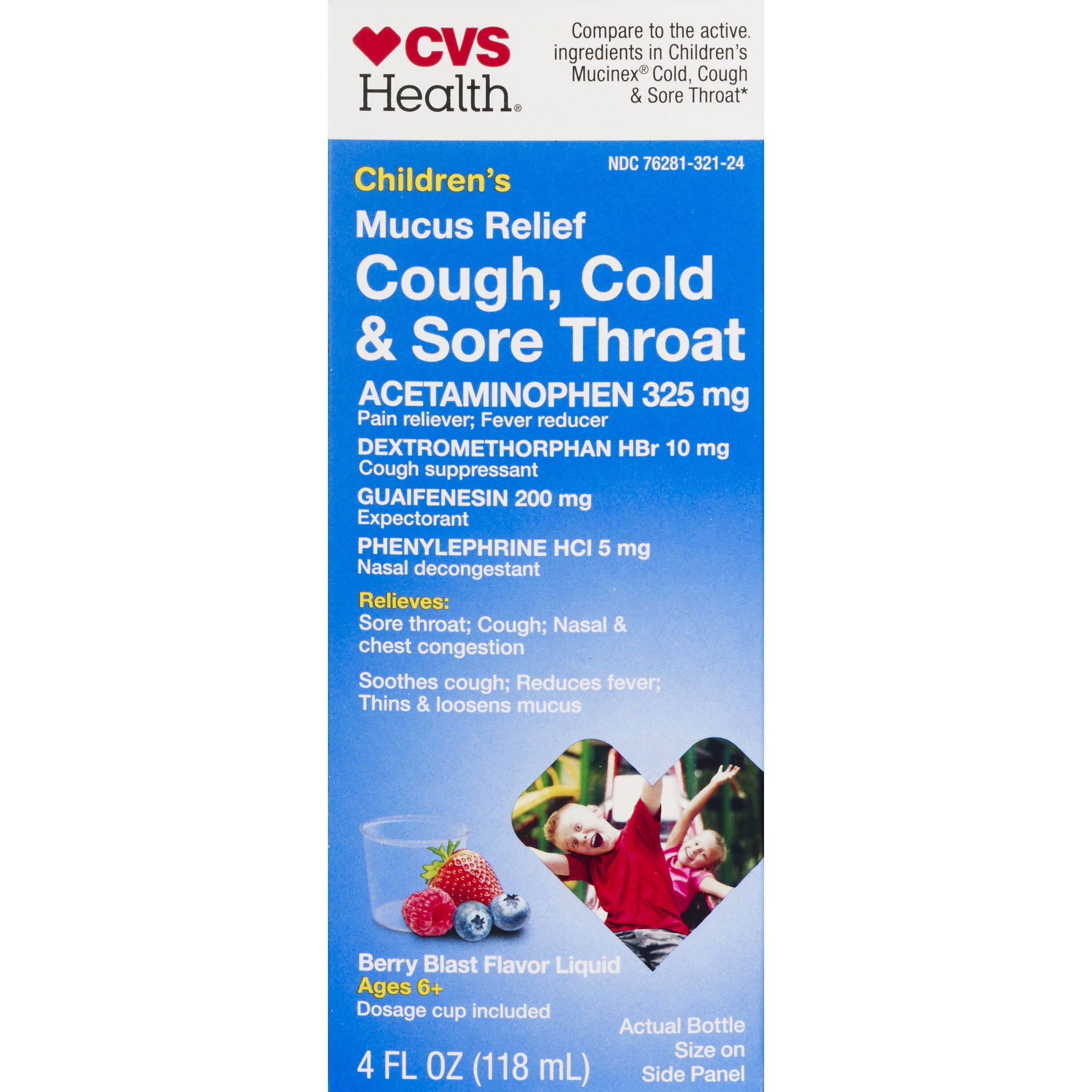 CVS Health Children's Mucus Relief Cough, Cold & Sore Throat Liquid, Berry Blast, 4 OZ