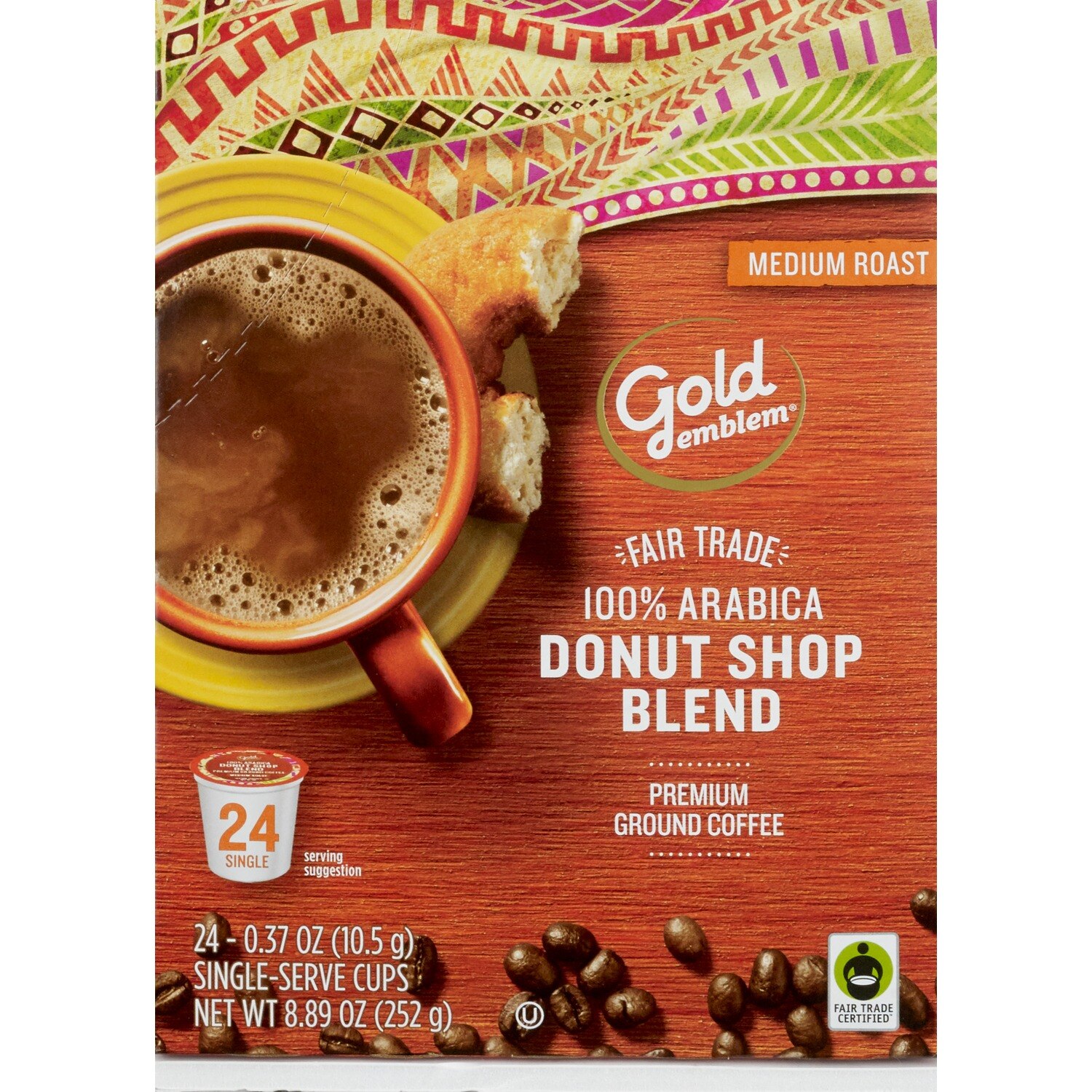 Gold Emblem Fair Trade Donut Shop Blend Premium Ground Coffee Single-Serve Cups