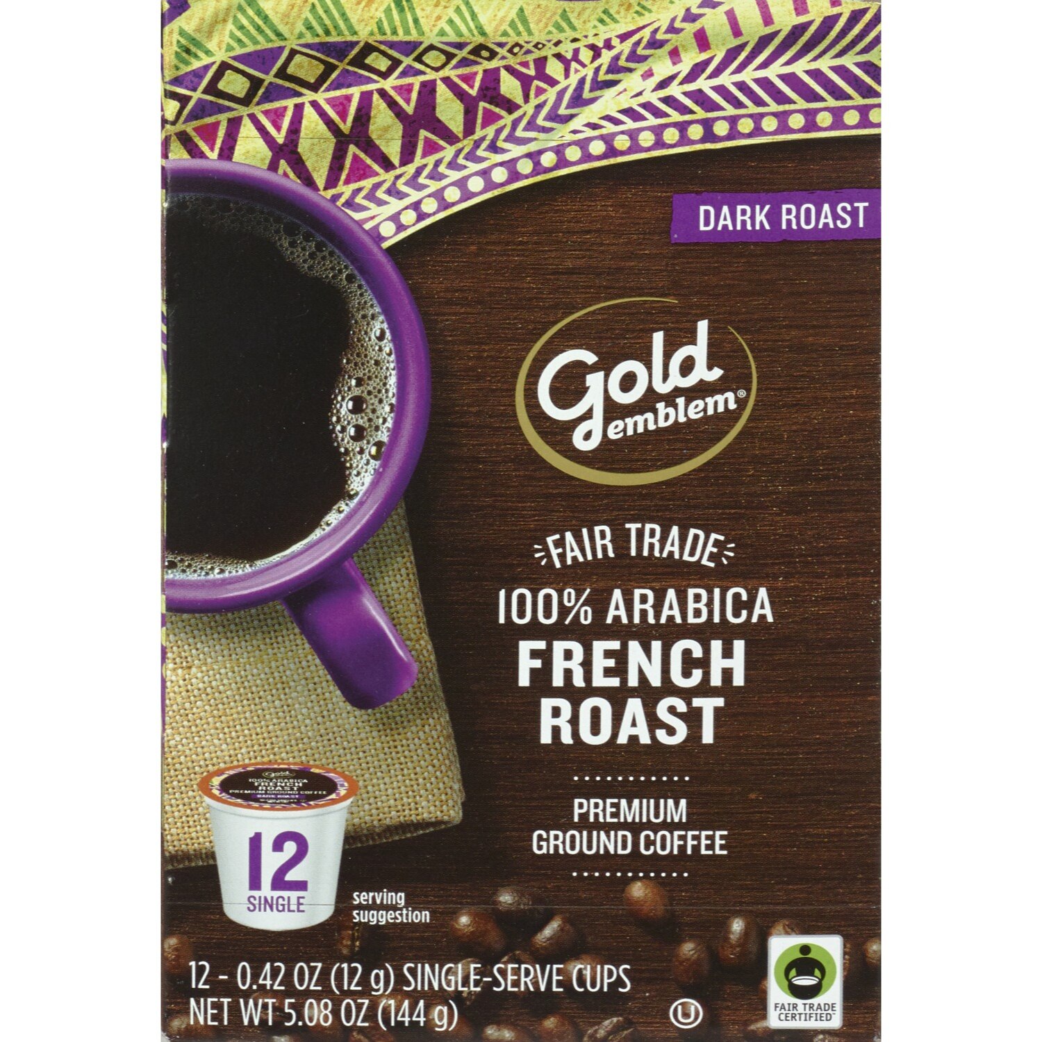 Gold Emblem Fair Trade French Roast Premium Ground Coffee Single-Serve Cups, 12 ct