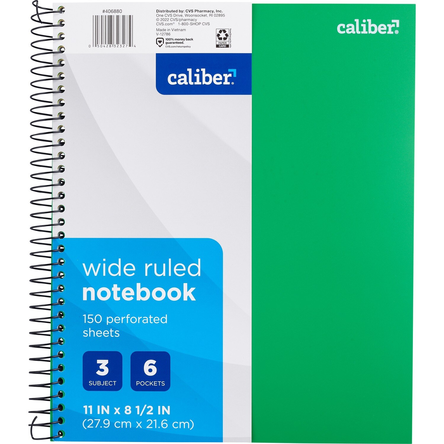 Caliber 3-Subject Notebook, 150 Perforated Sheets, Assorted Colors