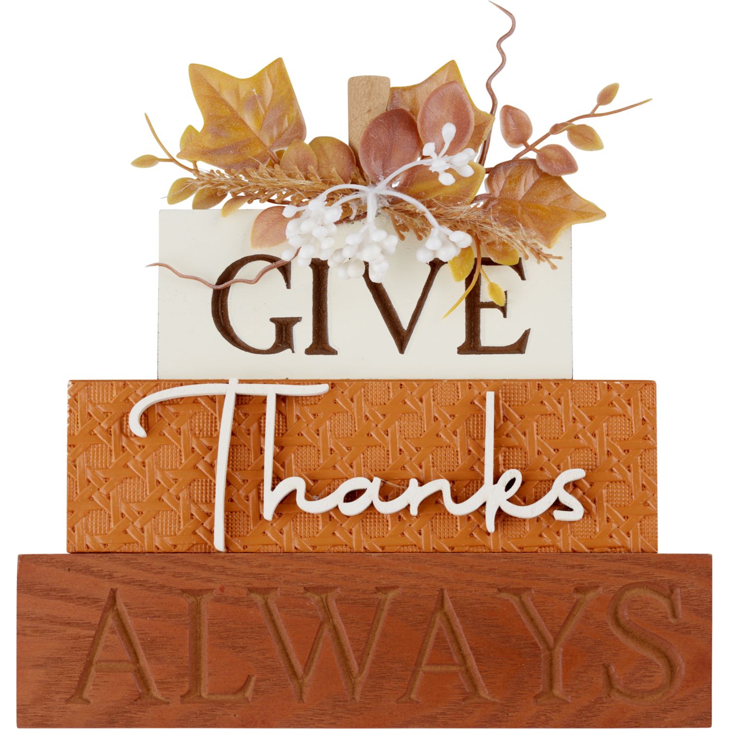 Fall Fest "Give Thanks Always" Stacked Wood Sign with Foliage