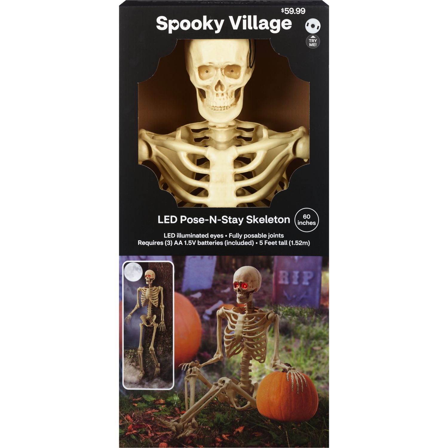 Spooky Village LED Pose-N-Stay Skeleton, 60 in