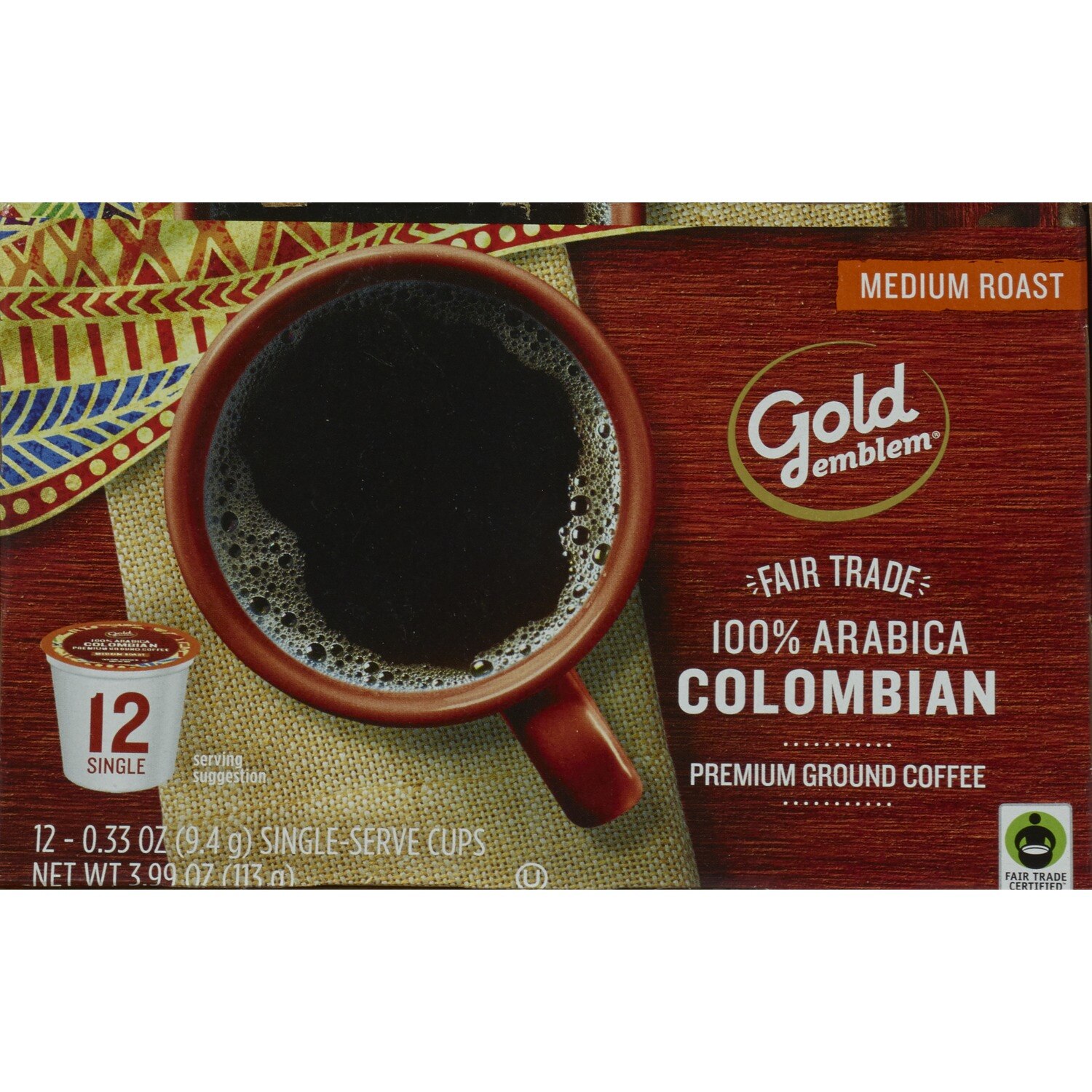 Gold Emblem Fair Trade Colombian Premium Ground Coffee Single-Serve Cups, 3.99 oz