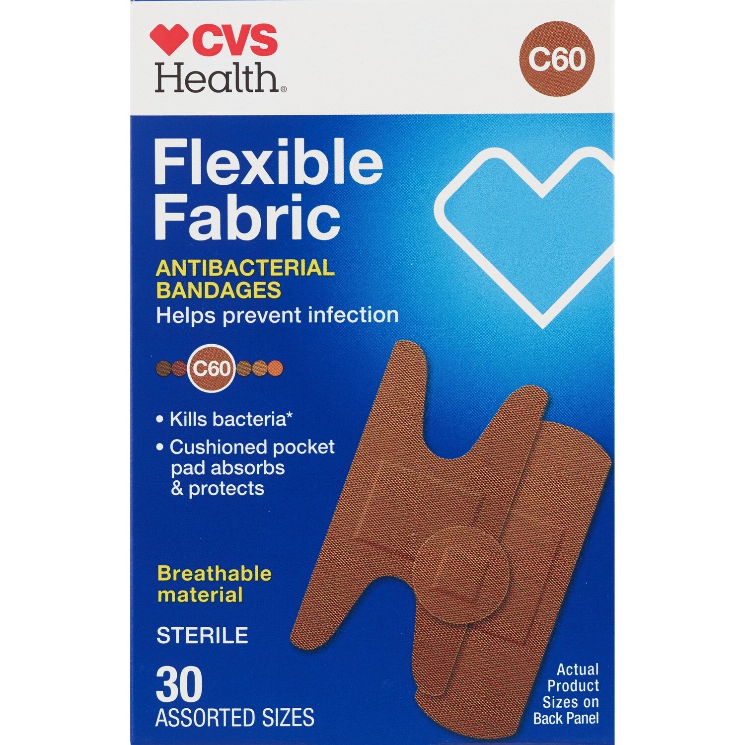 CVS Health Flexible Fabric Antibacterial Bandages, Assorted Sizes, 30 CT