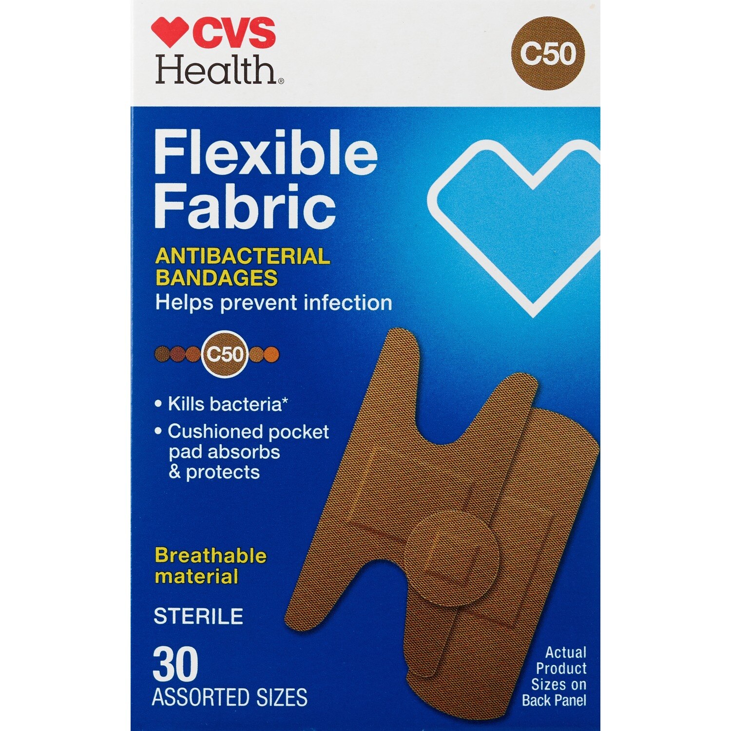 CVS Health Flexible Fabric Antibacterial Bandages, Assorted Sizes, 30 CT