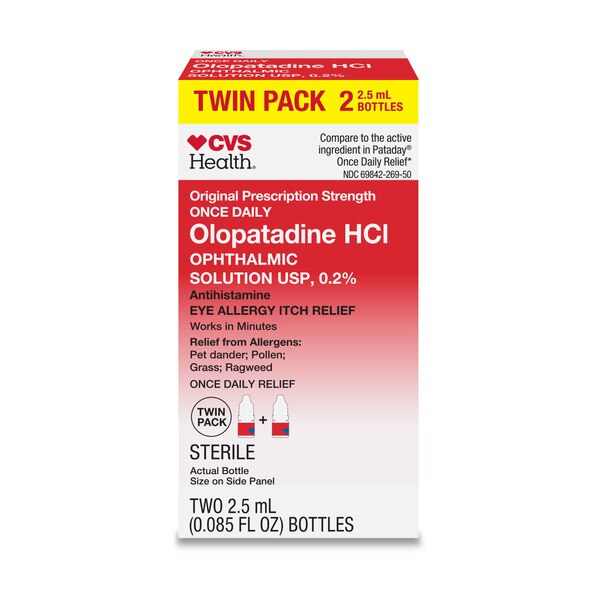 CVS Health Olopatadine HCl Eye Allergy Relief, Ophthalmic Solution USP, 0.2%, 2.5mL, Twin Pack