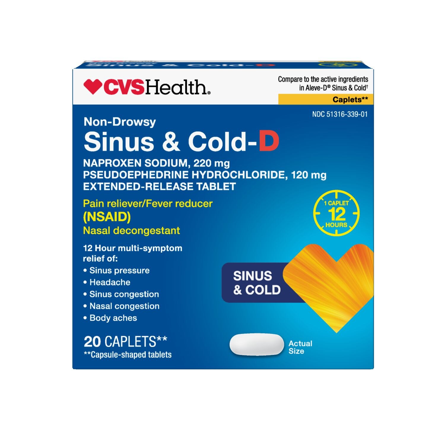 CVS Health Non-Drowsy Sinus & Cold-D, (NSAID) 120 mg Extended-Release Tablets, 20 CT