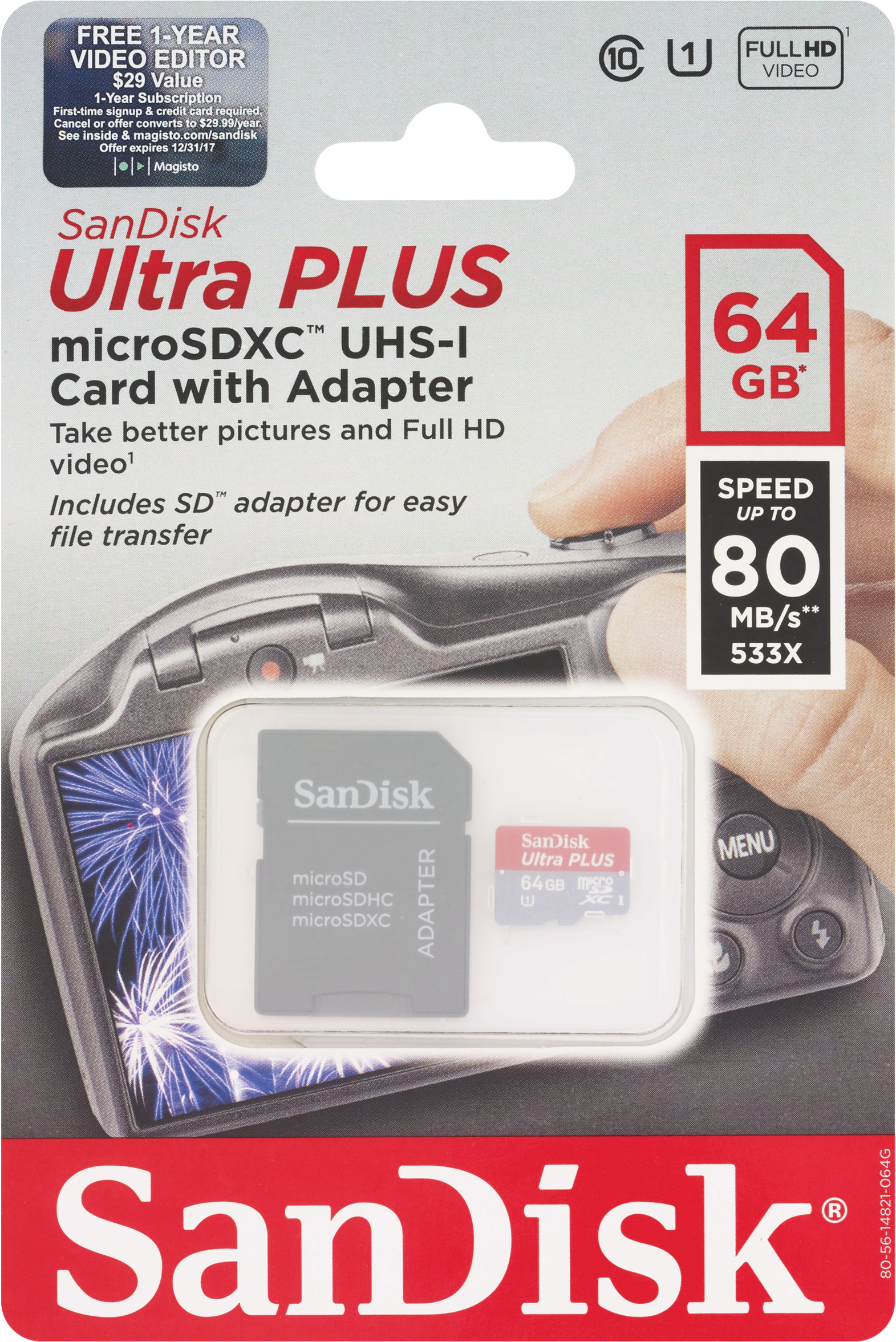 SanDisk Ultra Plus MicroSDXC UHS-1 Card With Adapter, 64GB