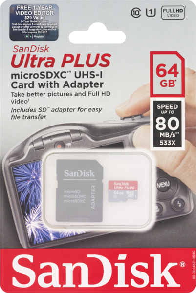 SanDisk Ultra Plus MicroSDXC UHS-1 Card With Adapter, 64GB