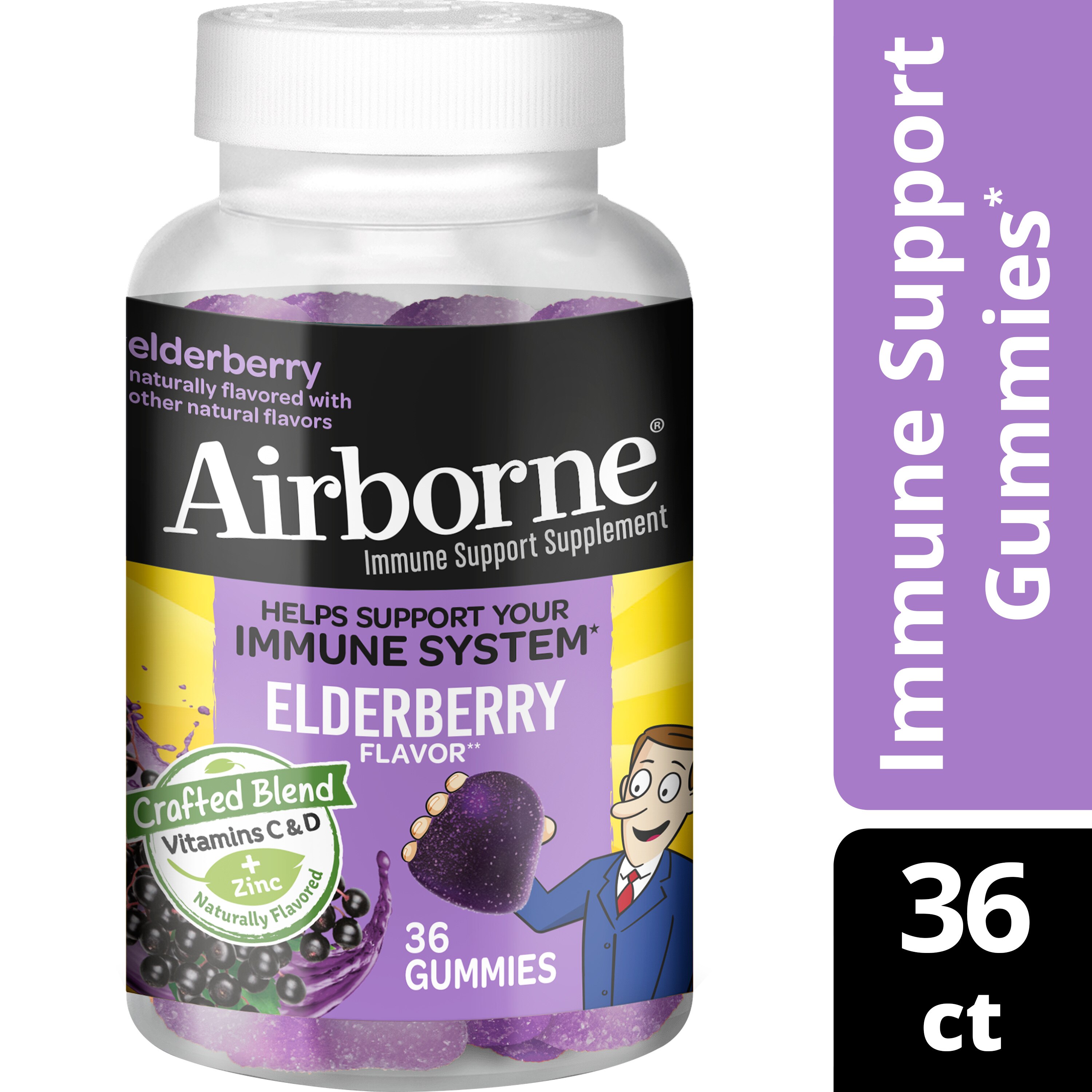 Airborne Immune Support Supplement Vitamins C & D + Zinc, Elderberry Gummies, 36 CT