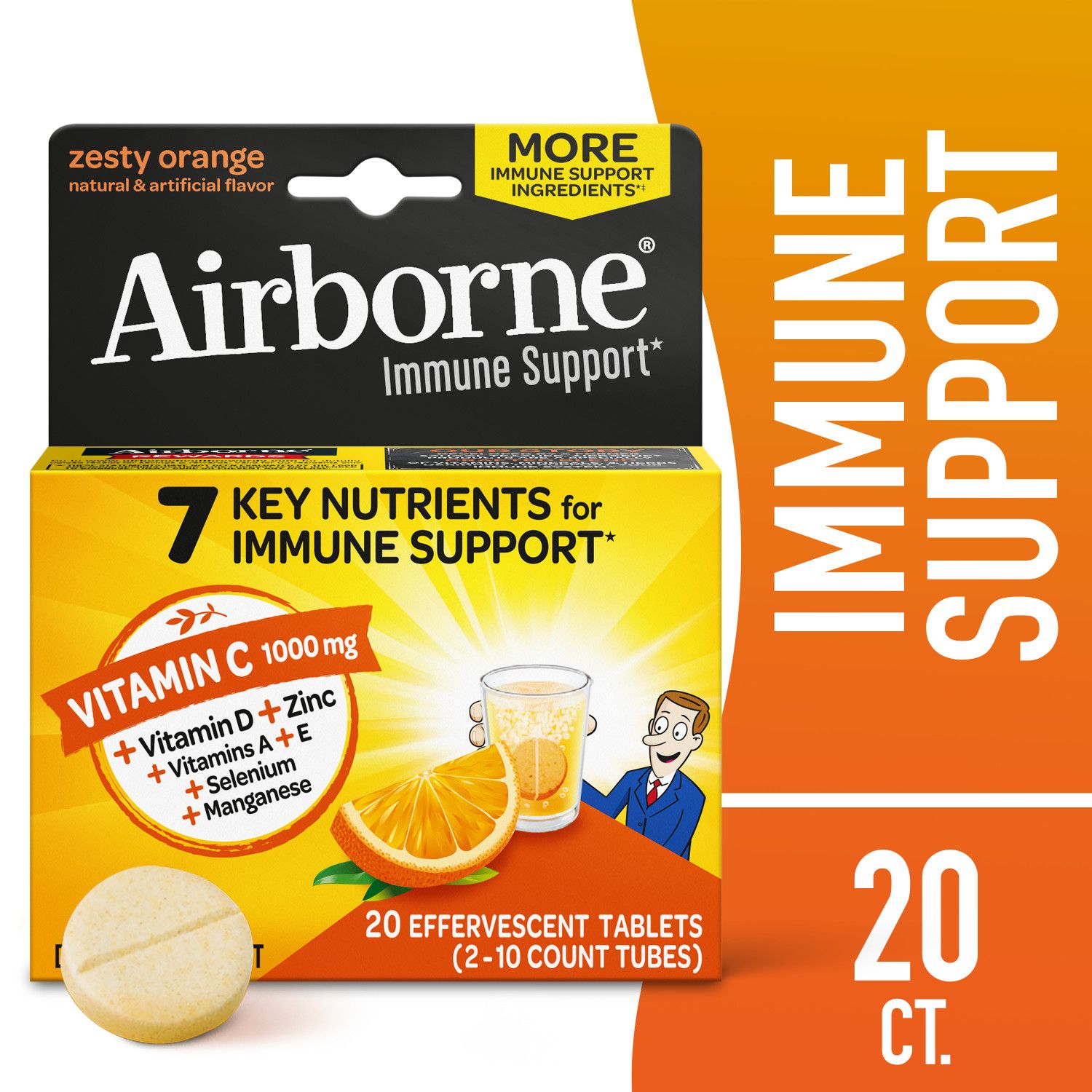 Airborne Vitamin C and Immune Support Supplement, Zesty Orange Effervescent Tablets, 20 CT