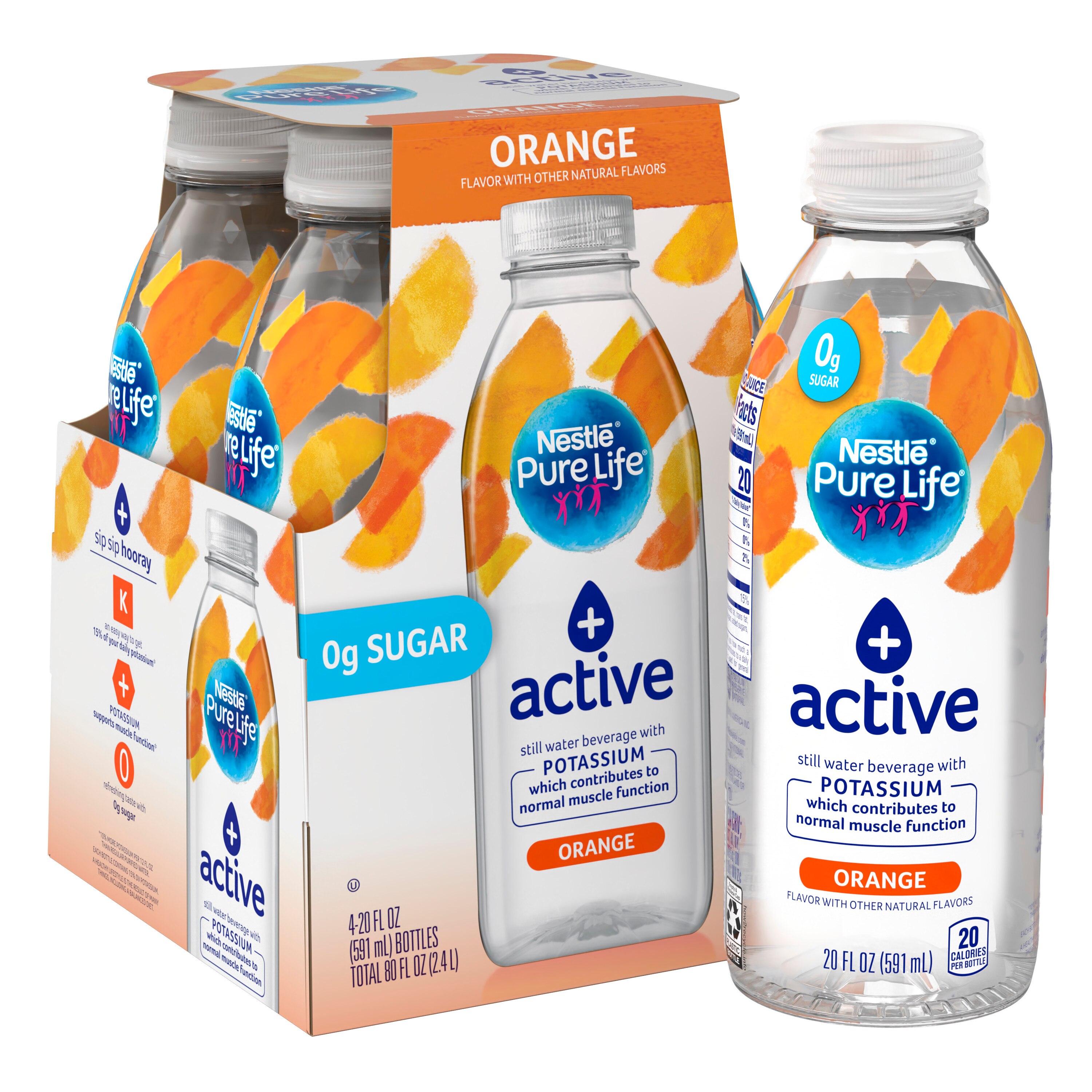 Pure Life + Active Orange Flavored Water with Potassium, 20 OZ Bottles, 4 PK