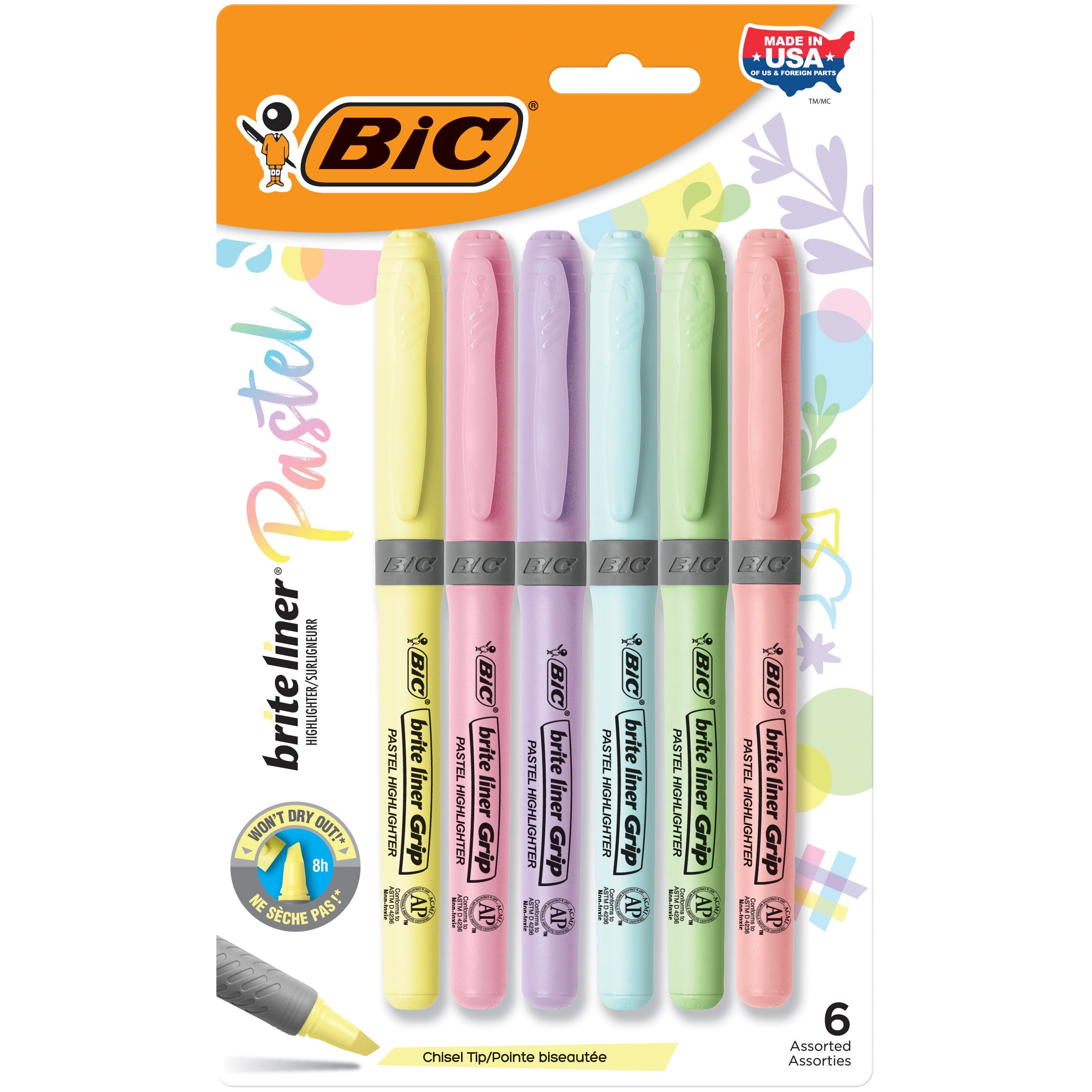 BIC Brite Liner Pastel Grip Highlighter Set, Chisel Tip, Assorted Colors, 6 ct