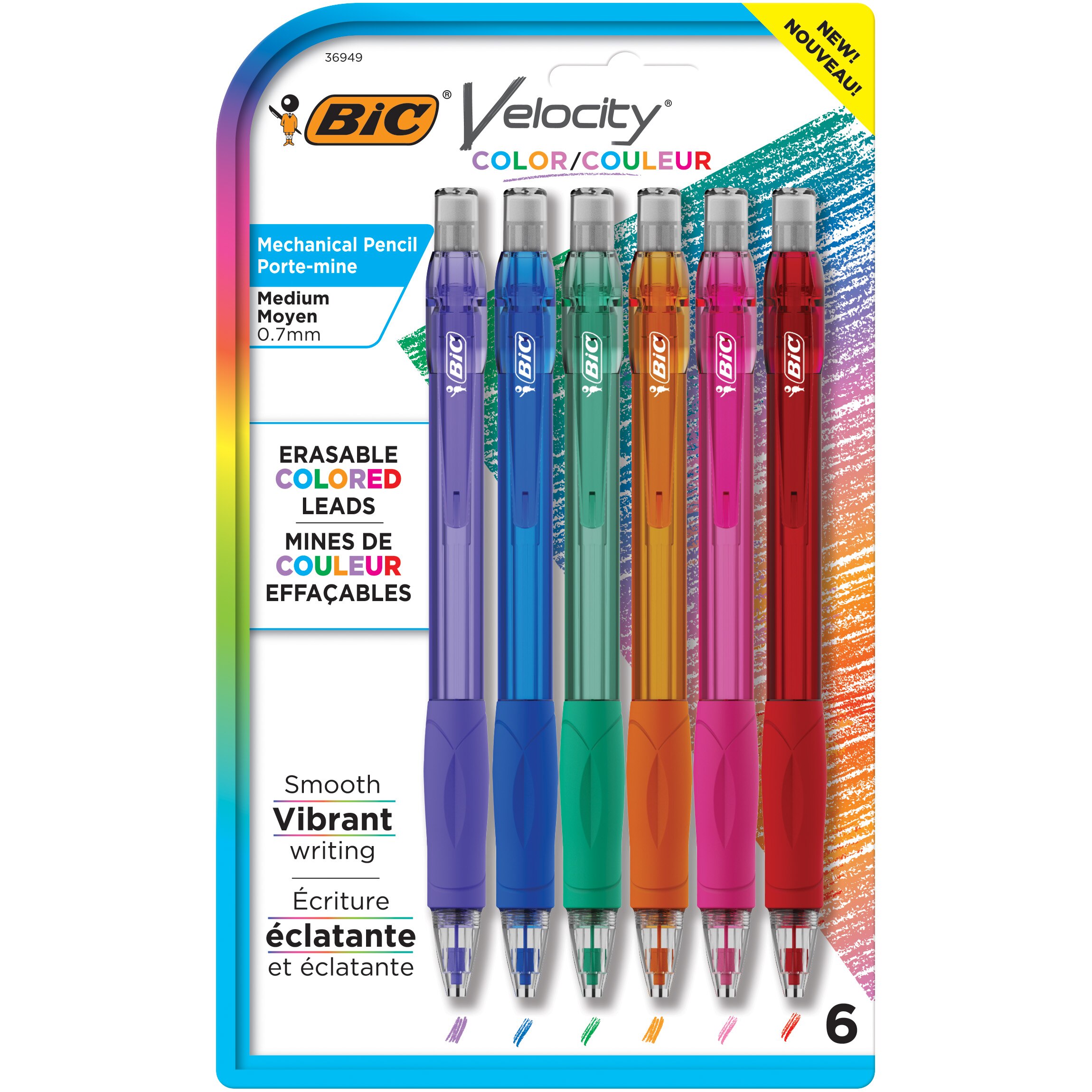 BIC Velocity Mechanical Pencil with Colored Leads, 0.7 mm, 6-Pack, 6 Vibrant Colors, Perfect for Drawing and Journaling