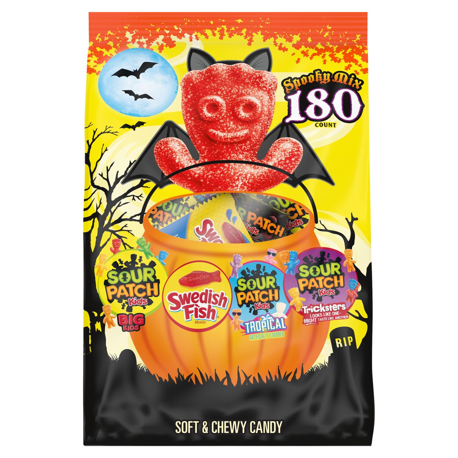 Sour Patch Kids Original, Tropical, Big Kids & Swedish Fish Halloween Candy Variety Pack, 160 Trick or Treat Bags, 49.1 oz