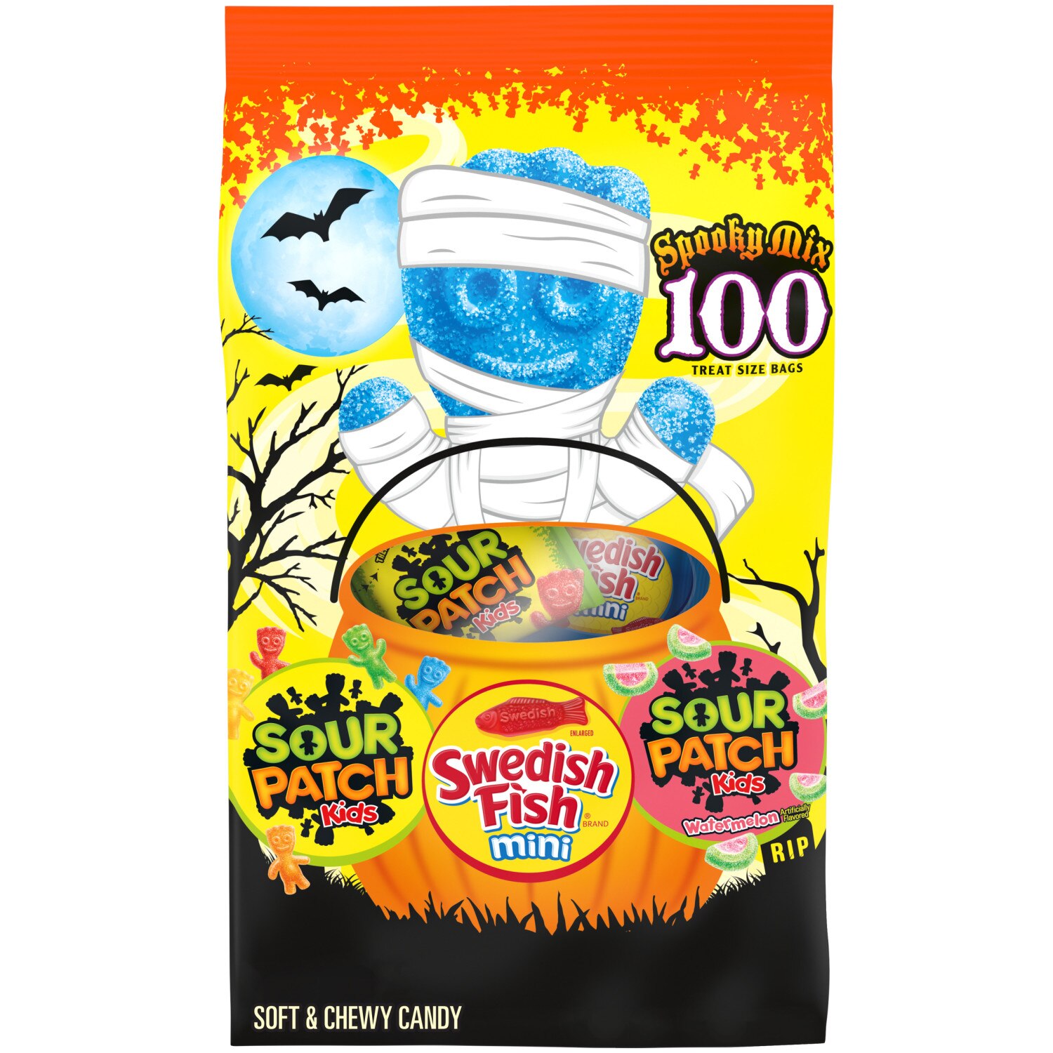 Sour Patch Kids, Original, Watermelon & Swedish Fish Mini Candy Variety Pack, 100 Trick or Treat Bags, 13.4 oz 