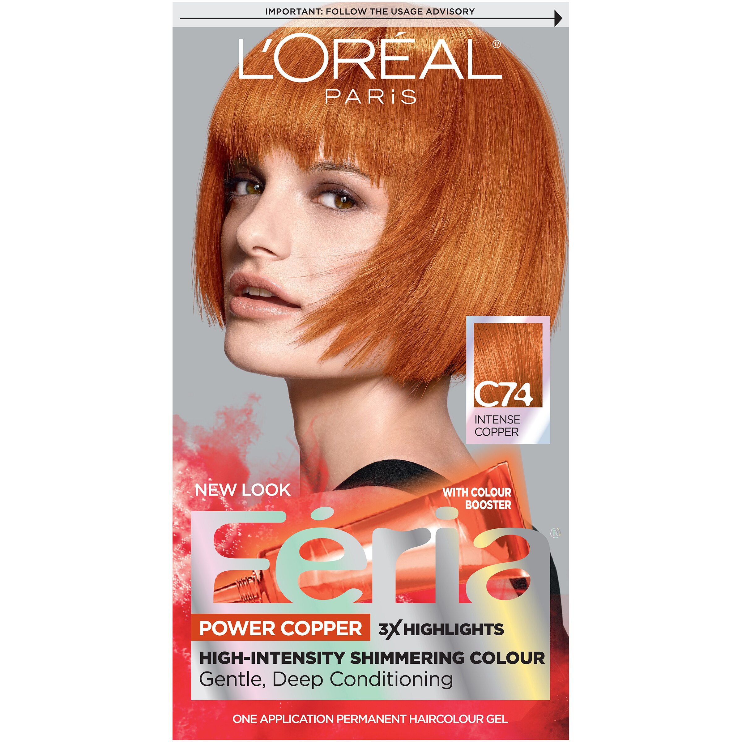 L'Oreal Paris Feria Multi-Faceted Shimmering Permanent Hair Color, C74 Copper Crave