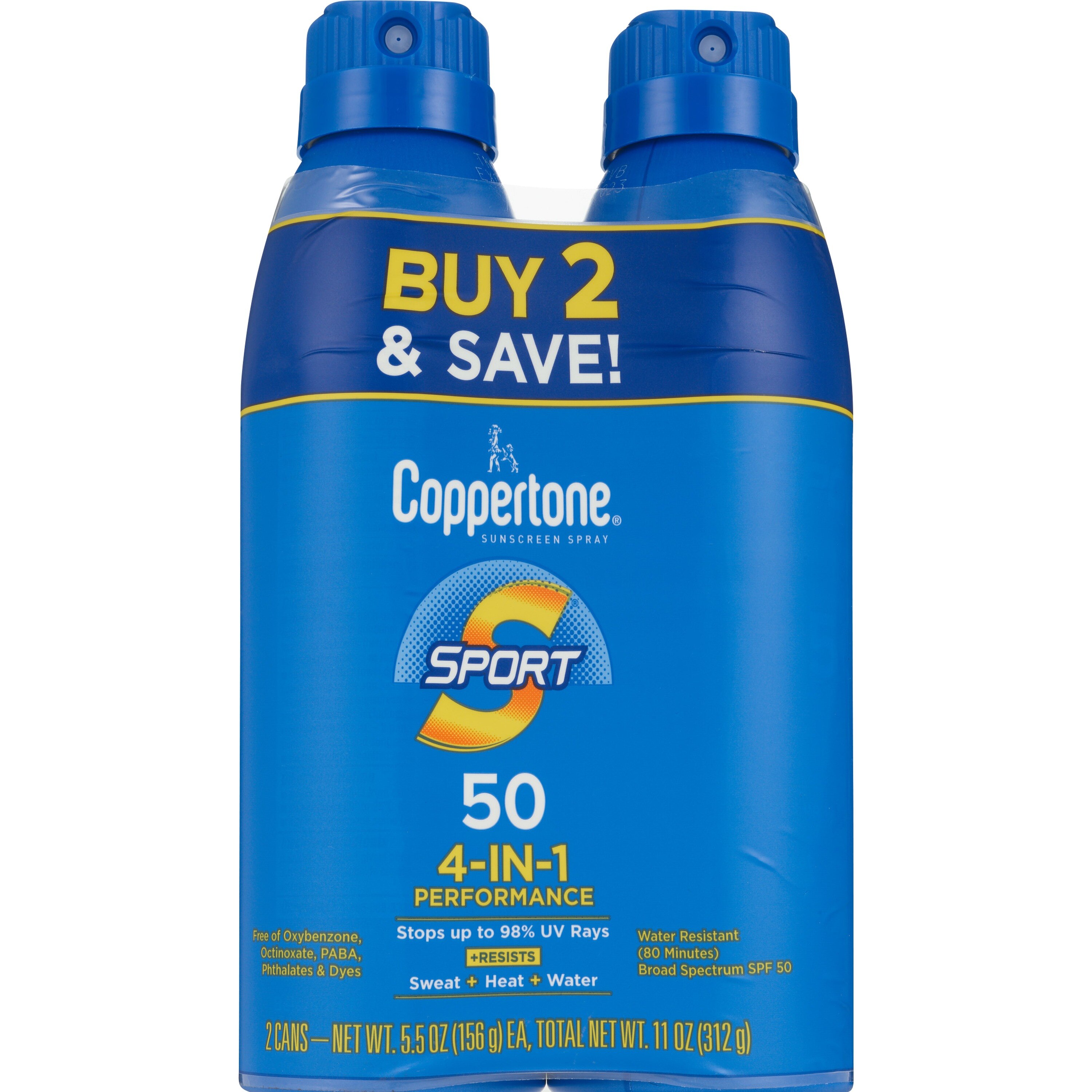 Coppertone SPORT Continuous Sunscreen Spray Broad Spectrum SPF 30, Twin Pack, 5.5 OZ
