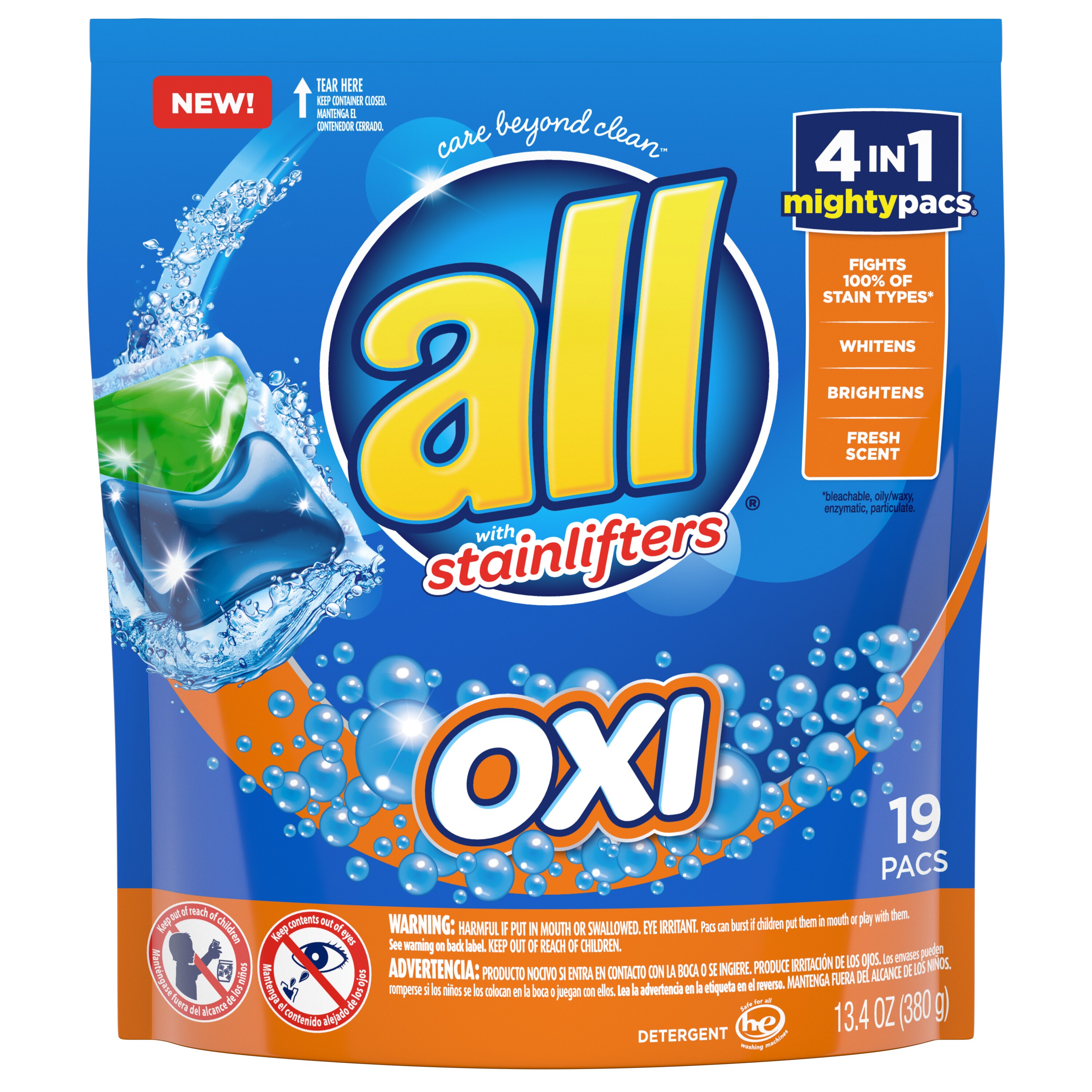 all Mighty Pacs Laundry Detergent, 4-in-1 with OXI, 19 ct