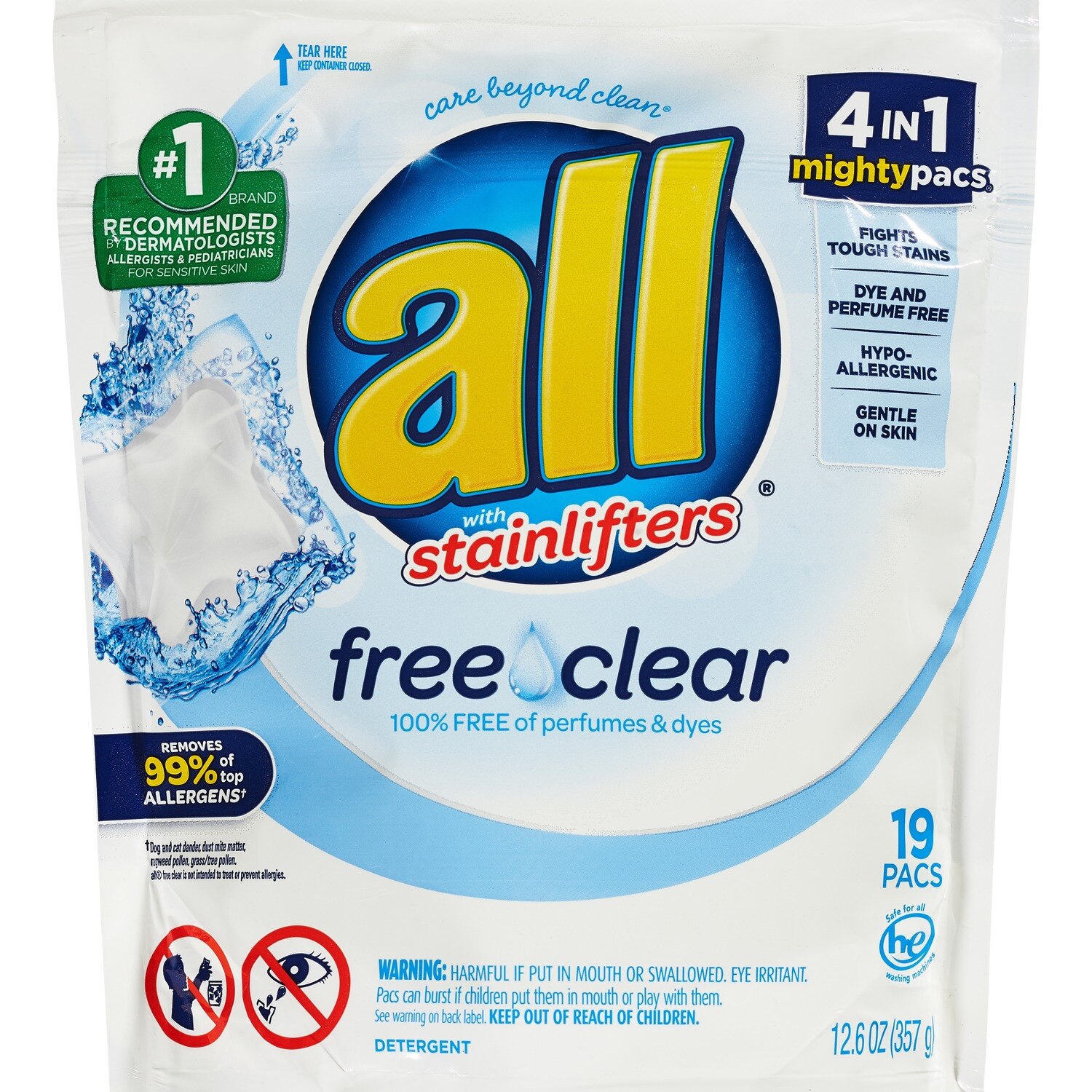 all Mighty Pacs Laundry Detergent, Free Clear for Sensitive Skin, 19 ct