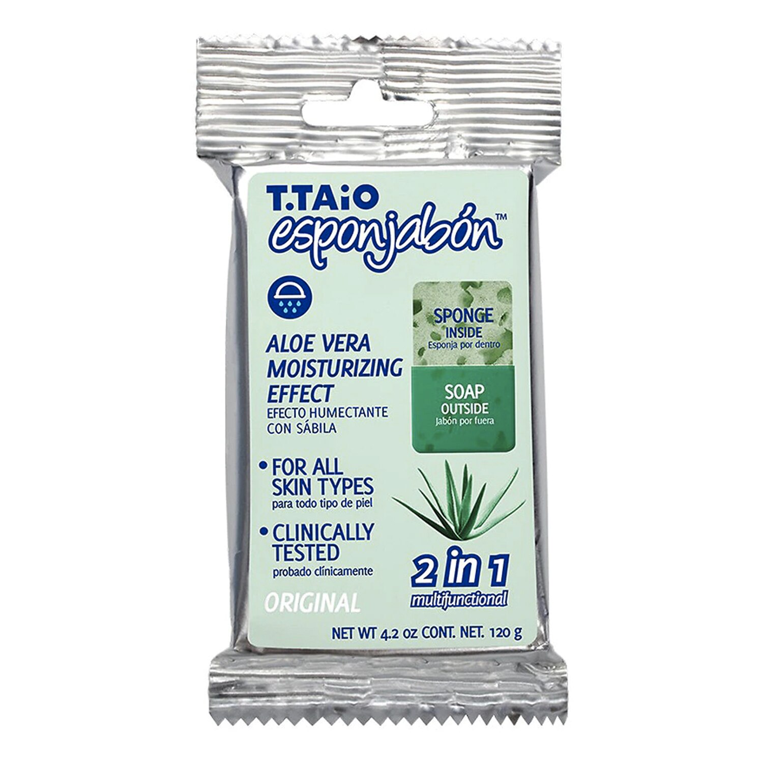 T.TAio Esponjabon Sponge-Soap, Aloe Vera Moisturizing Effect, For all Skin Types, 4.2 OZ