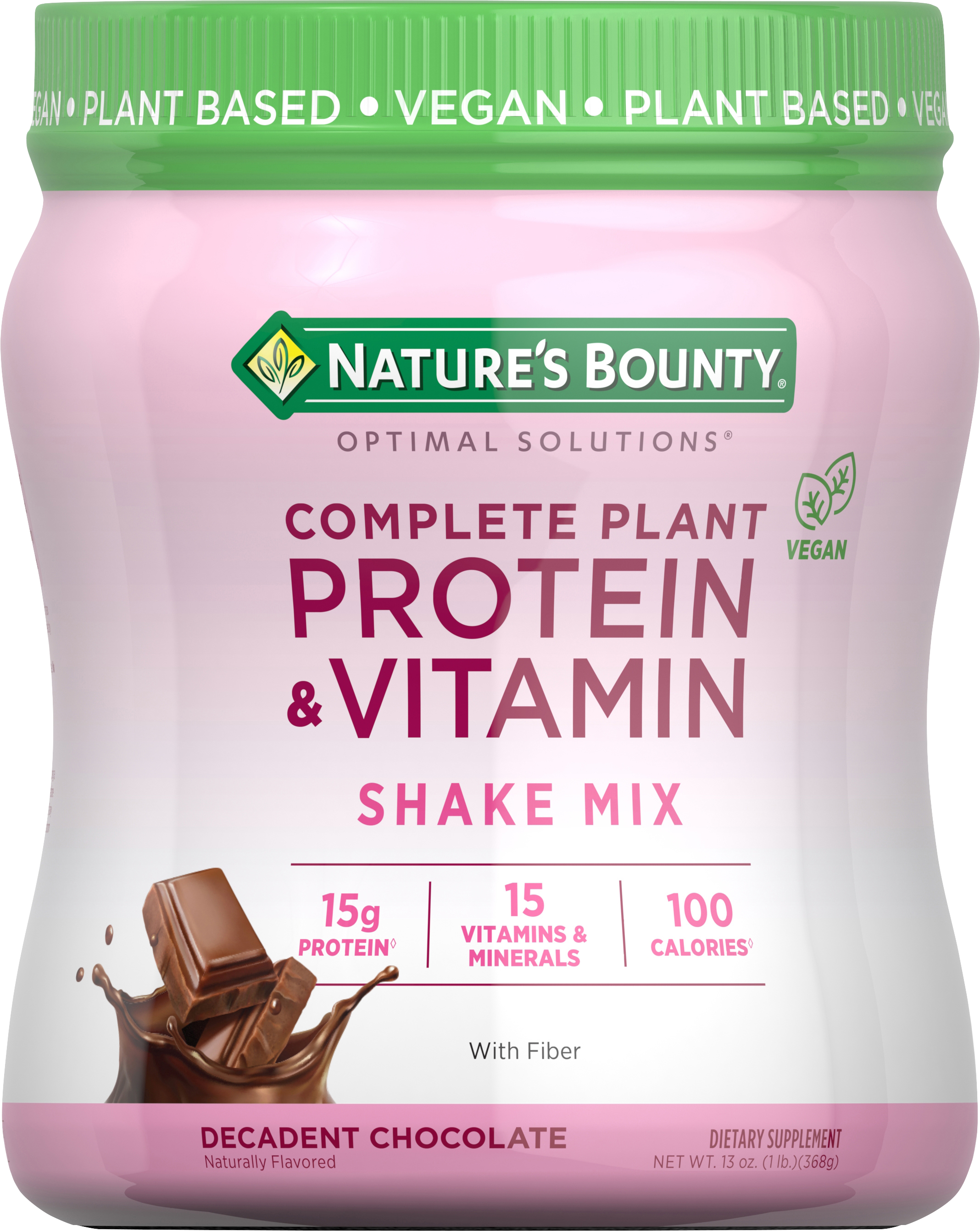 Nature's Bounty Optimal Solutions Complete Plant Protein & Vitamin Decadent Chocolate Shake Mix, 13 OZ