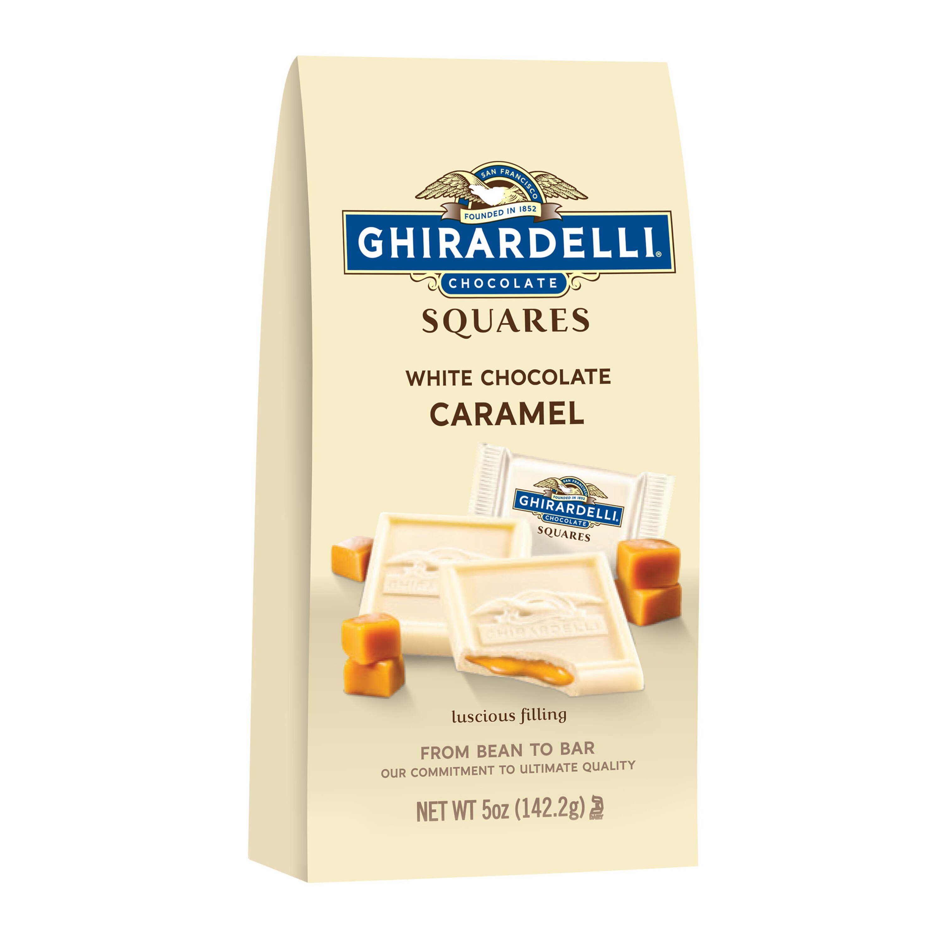 Ghirardelli, White Chocolate Squares with Caramel Filling, 5 OZ Bag