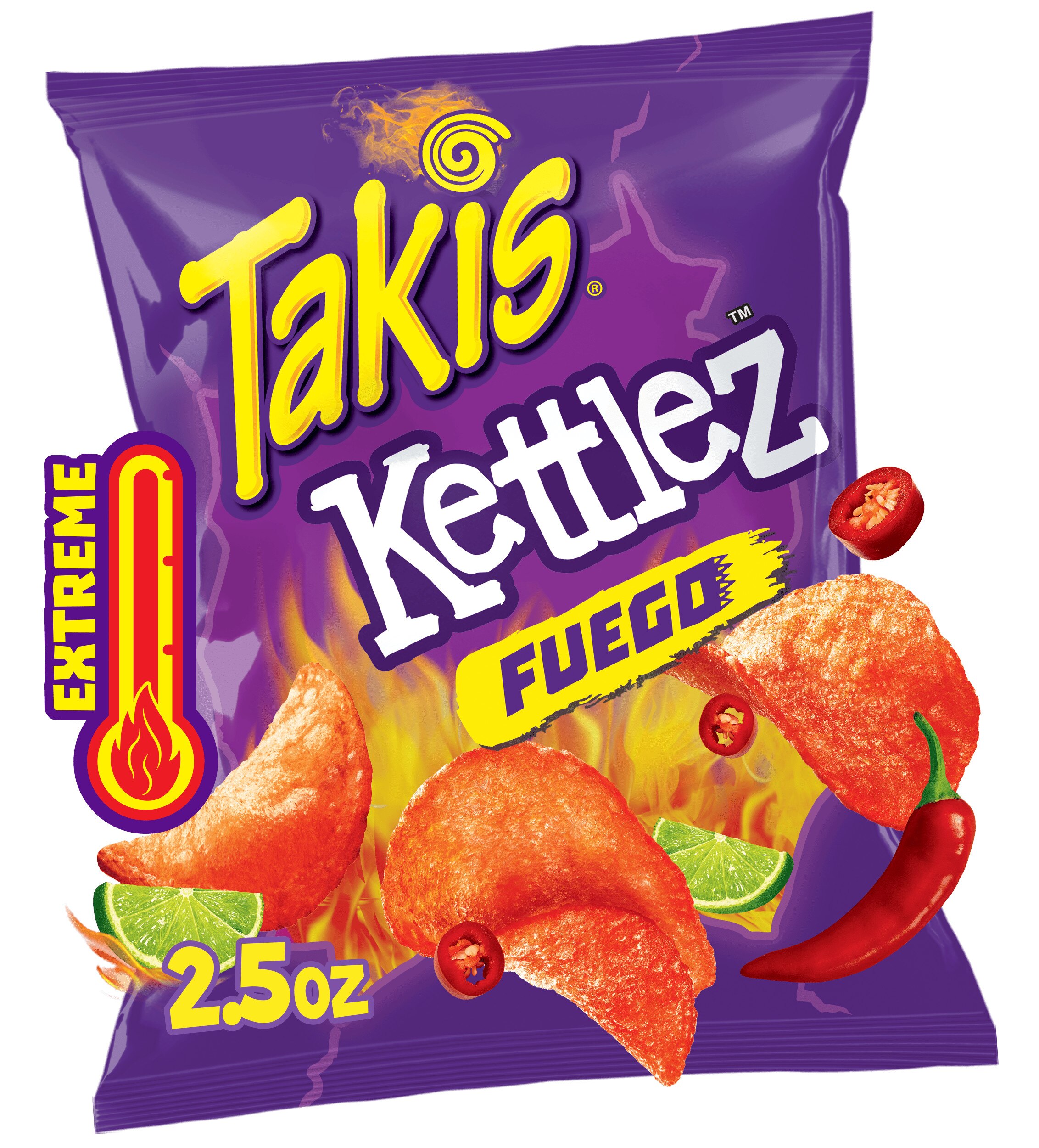 Takis Fuego Kettlez Hot Chili Pepper & Lime Flavored Spicy Kettle-Cooked Potato Chips, 2.5 oz