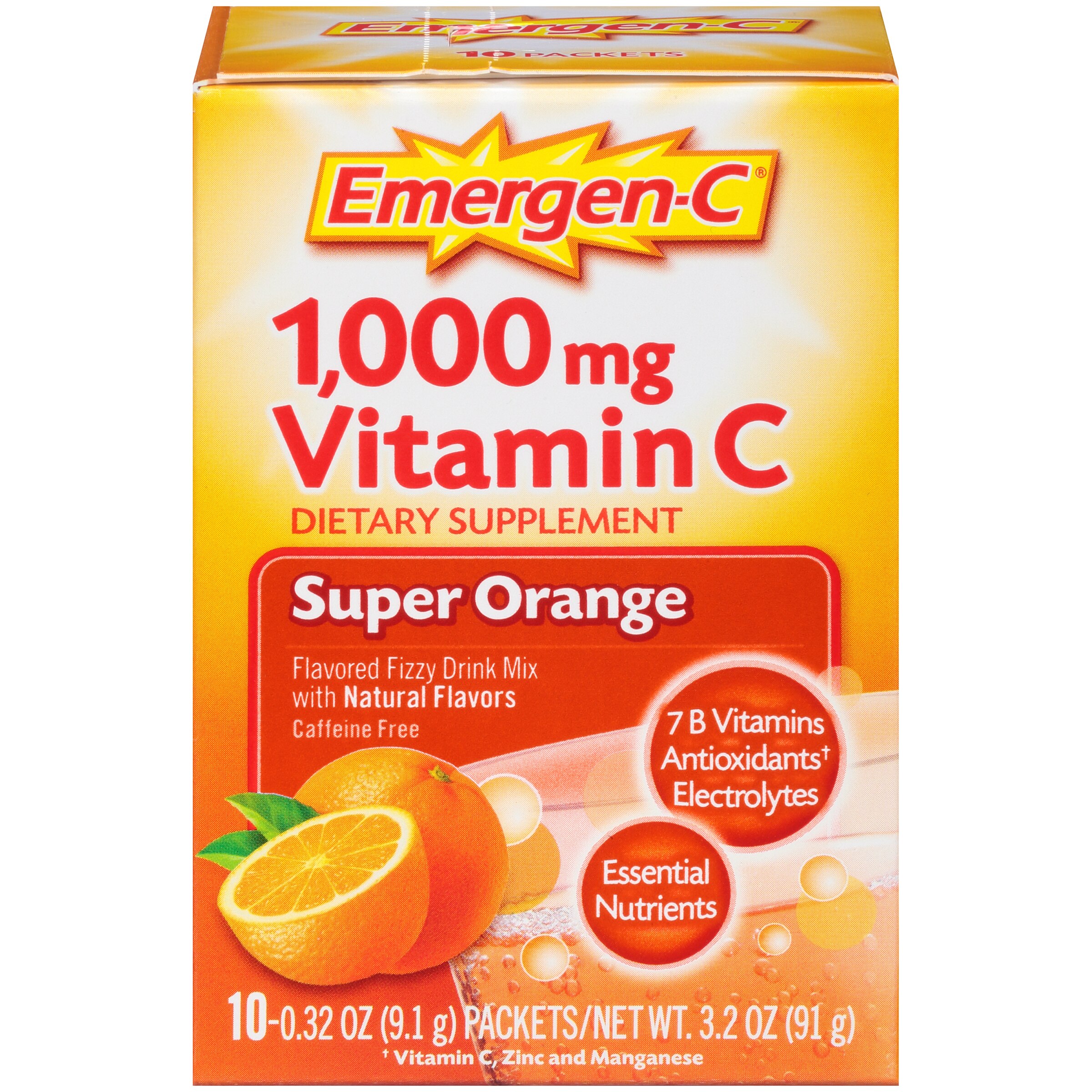 Emergen-C 1,000mg Vitamin C Supplement, Super Orange, 10 CT