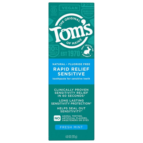 Tom's Of Maine Rapid Relief Sensitive Natural Fluoride-Free Toothpaste, Fresh Mint, 4 OZ