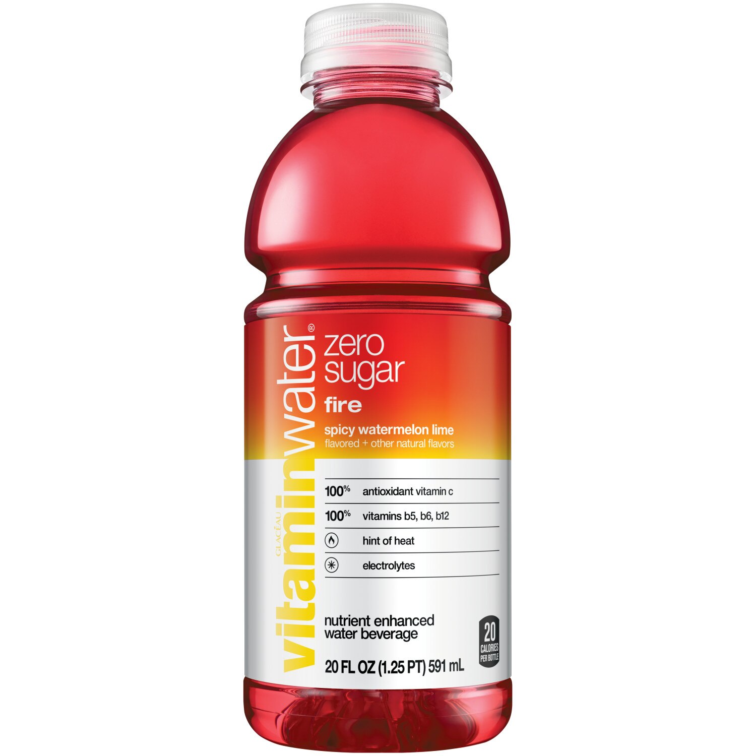 vitaminwater fire, electrolyte enhanced water with vitamins, spicy watermelon, 20 fl oz
