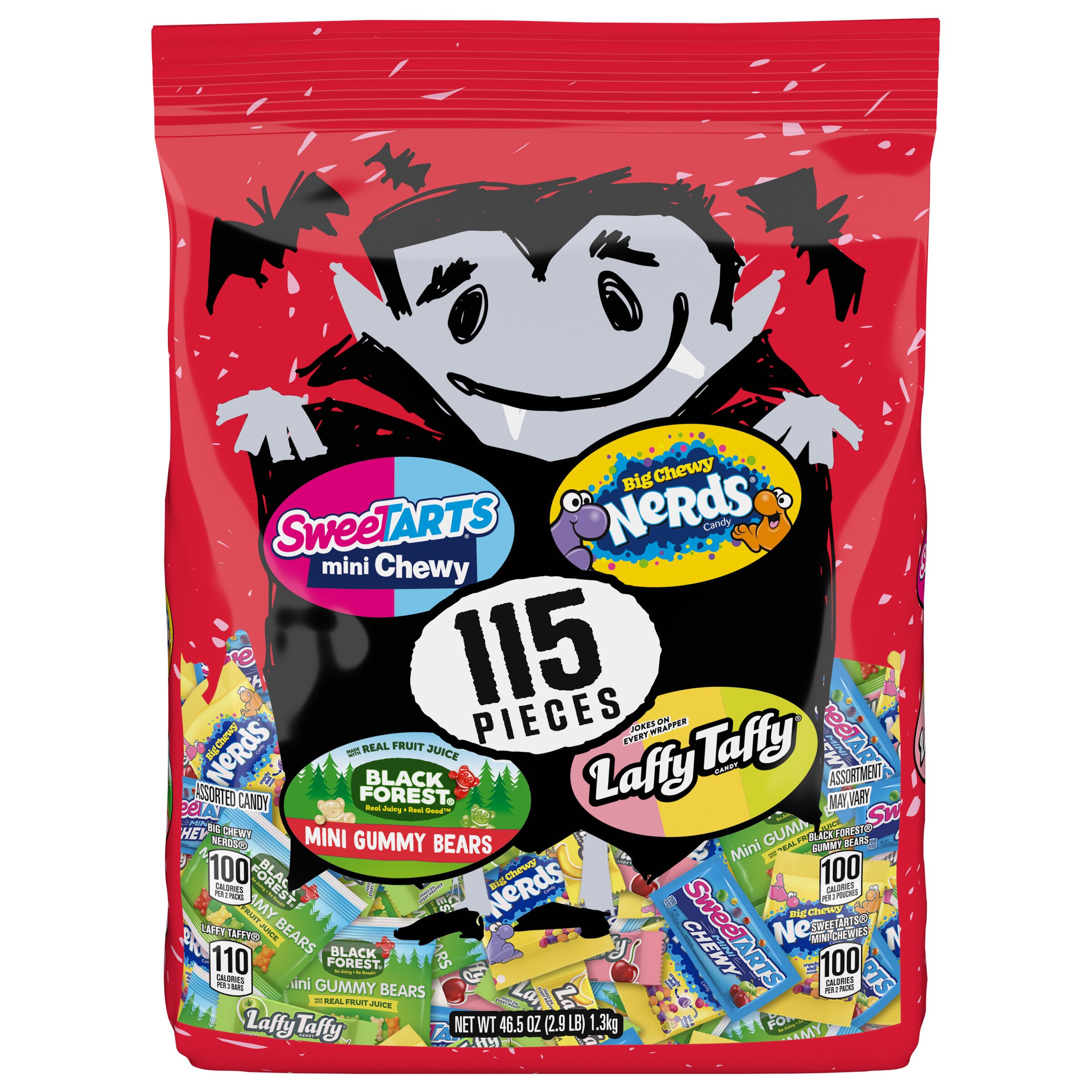 SweeTARTS Mini Chewy, Big Chewy Nerds, Black Forest Mini Gummy Bears, and Laffy Taffy, Dracula Delight Mixed Bag, 115 ct, 46.5 oz