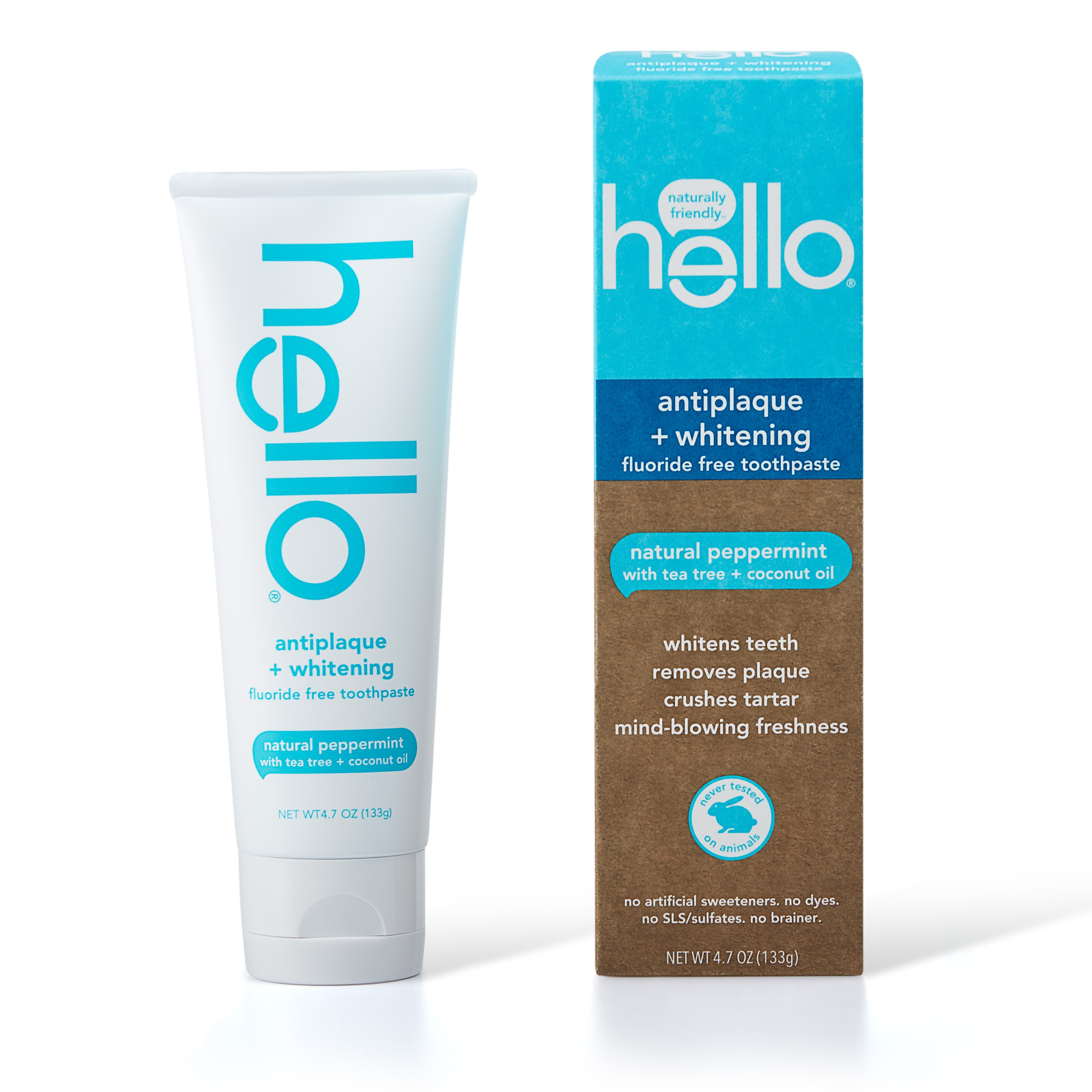 hello Antiplaque and Whitening Fluoride-Free Toothpaste, Natural Peppermint with Tea Tree and Coconut Oil, 4.7 OZ