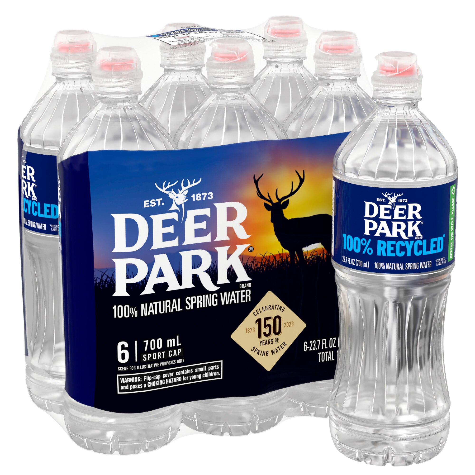 Deer Park 100% Natural Spring Water, Sport Cap Bottles, 6 ct, 23.7 oz