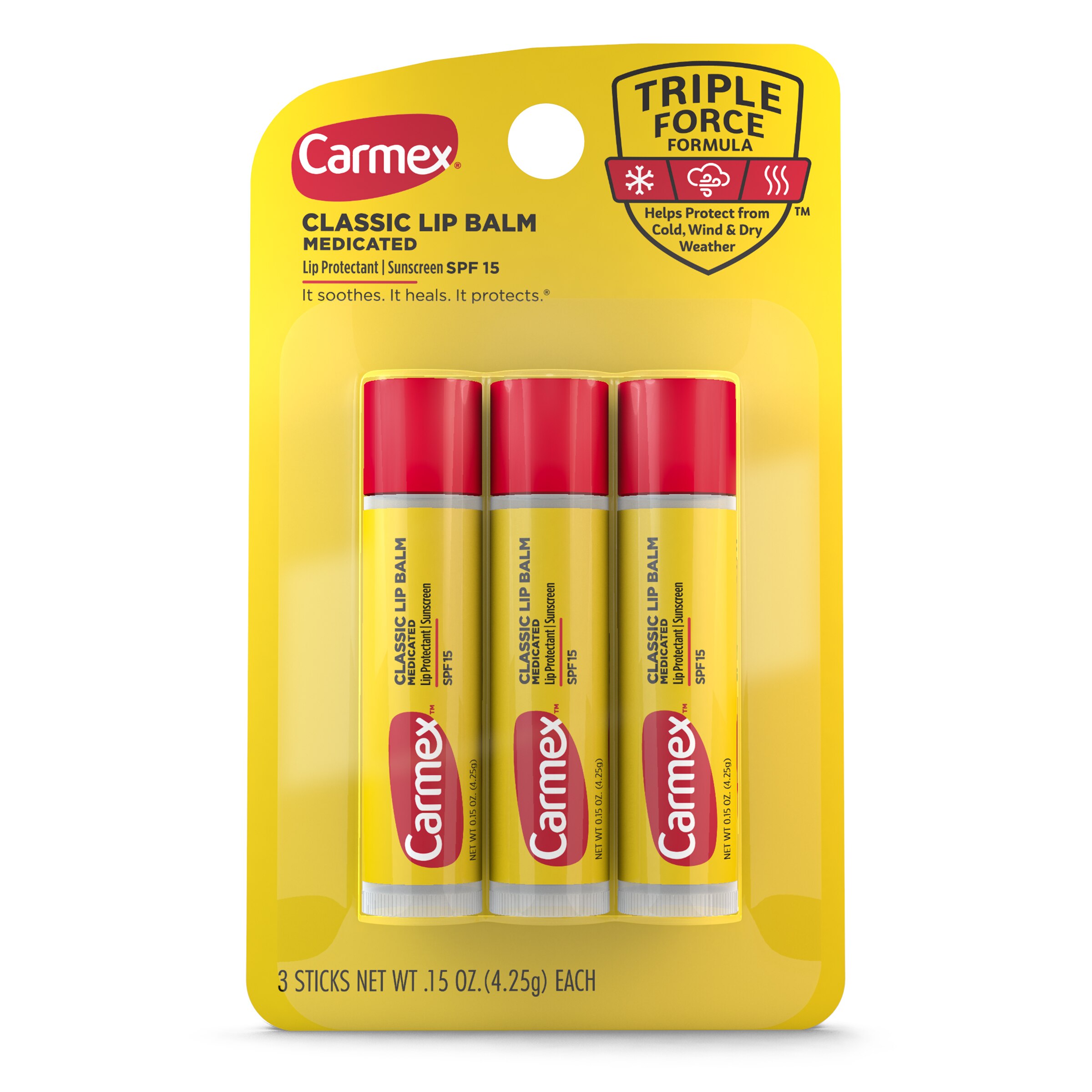 Carmex Classic Medicated Lip Balm, 3 0.15 OZ Sticks
