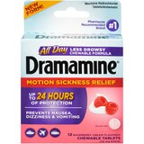 Dramamine, All Day Motion Sickness Relief Chewable Tablets, Raspberry Cream, 12 CT, thumbnail image 1 of 2