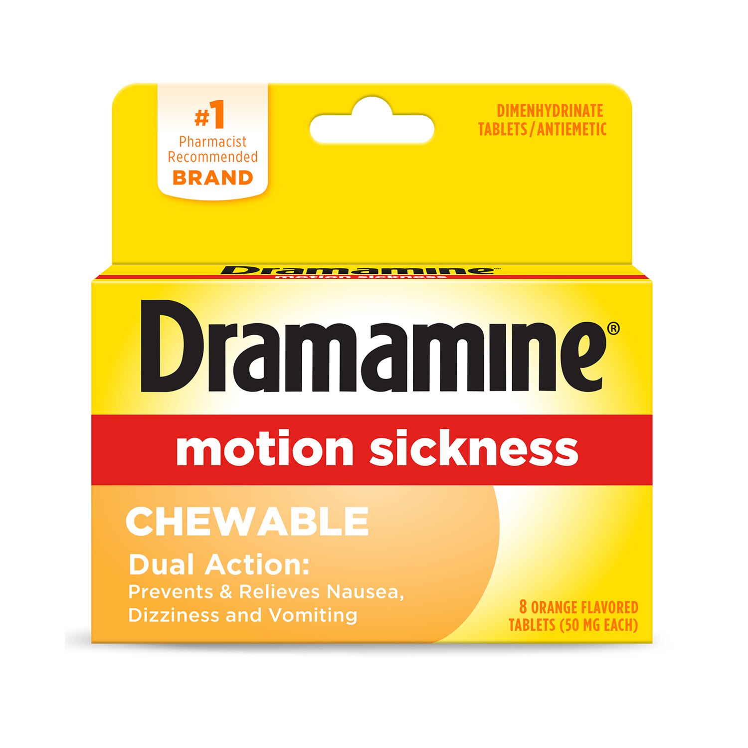 Dramamine Motion Sickness Chewable Tablets, Orange flavored, 8 CT