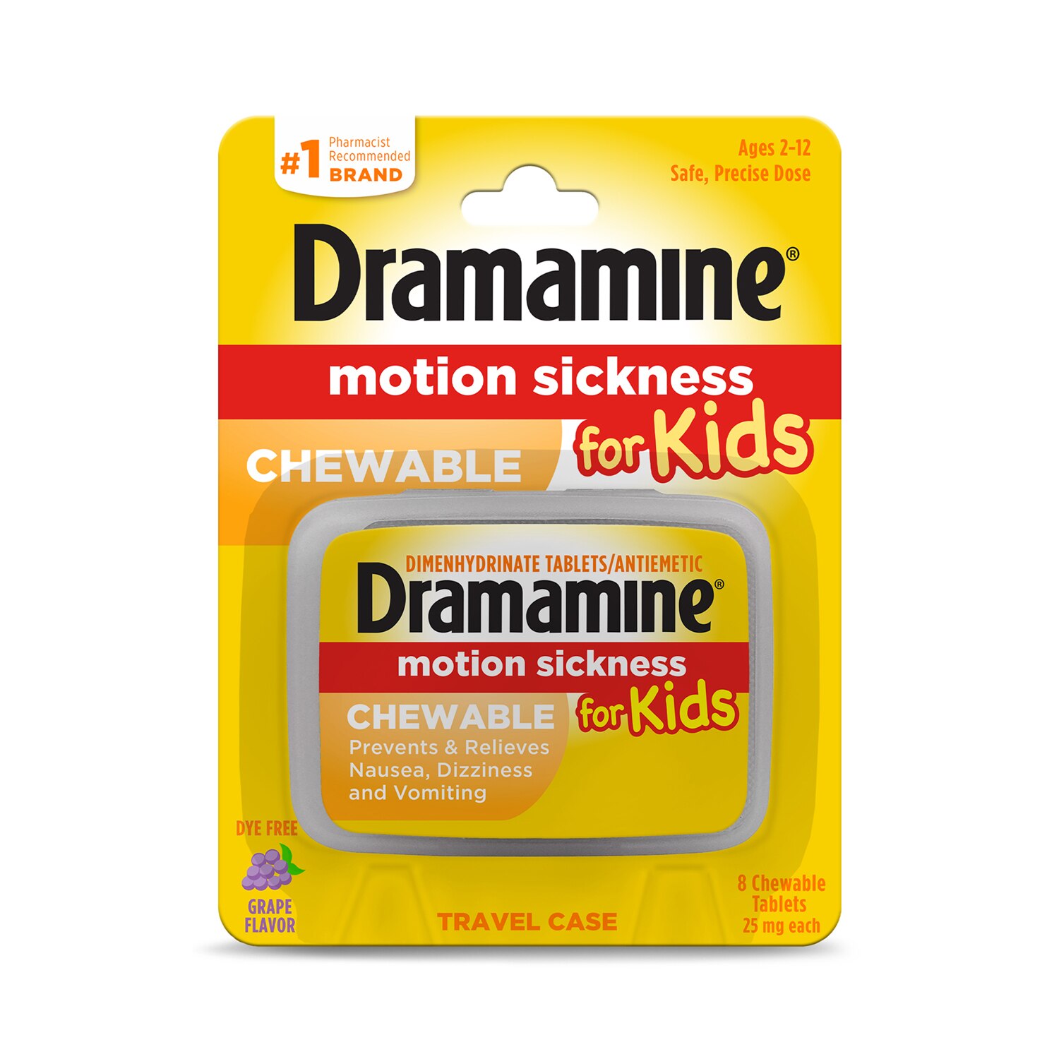 Dramamine Chewable Motion Sickness Relief for Kids, Grape, 8 CT