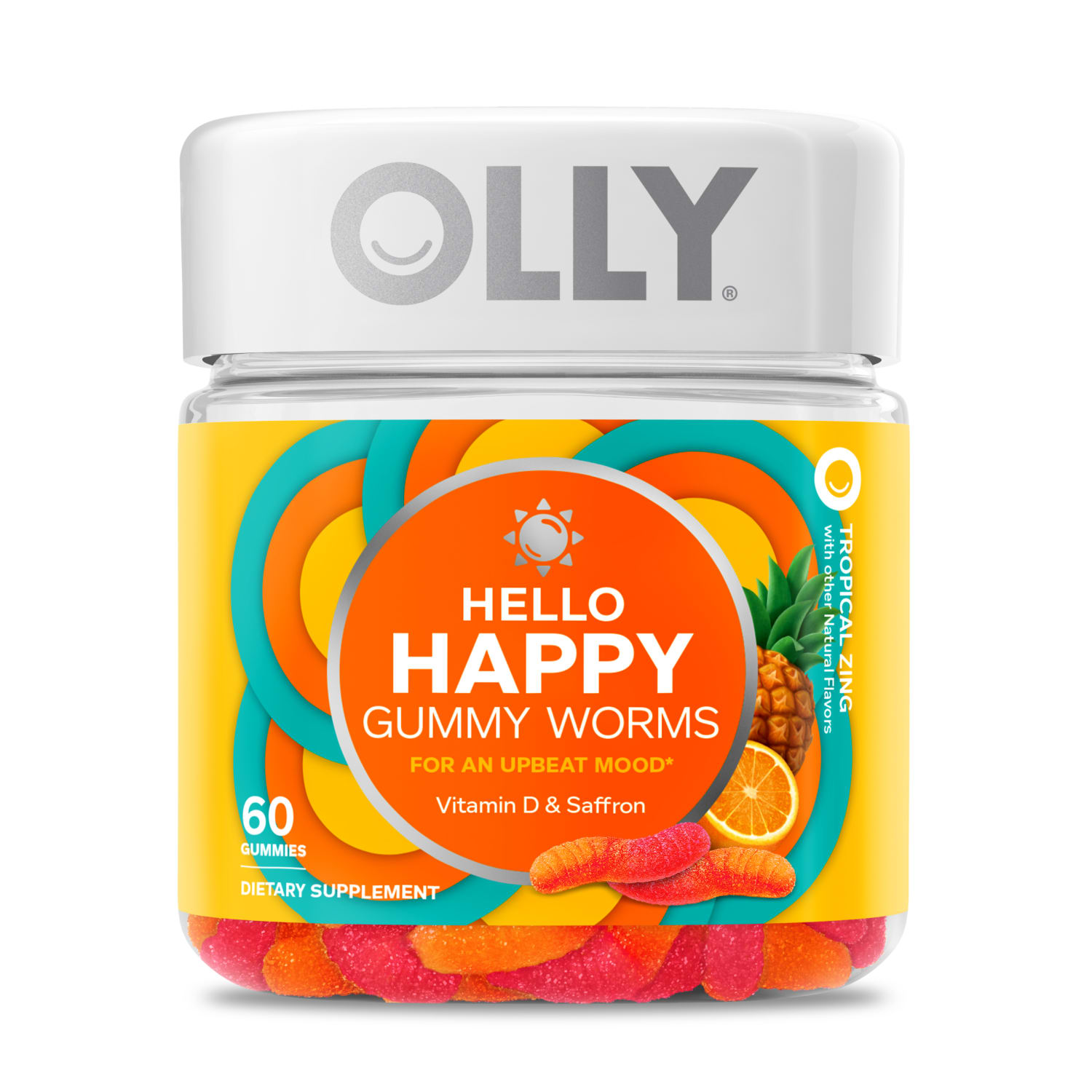 OLLY Hello Happy Gummies, Adult Gummy Worm Supplement, Vitamin D, Tropical Zing, 60CT