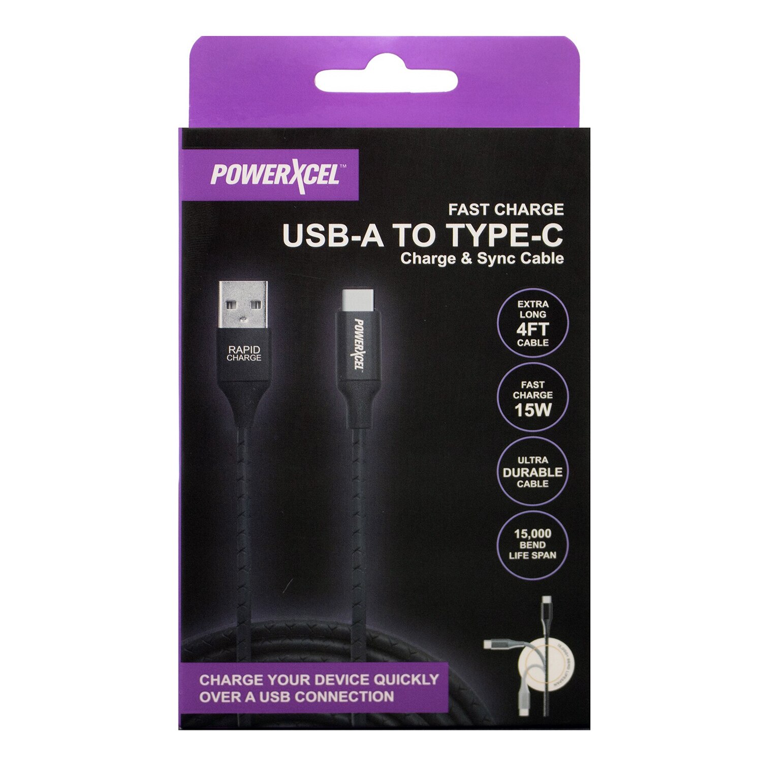 PowerXcel USB-A to Type C Ultra Durable Charge and Sync Cable, Black