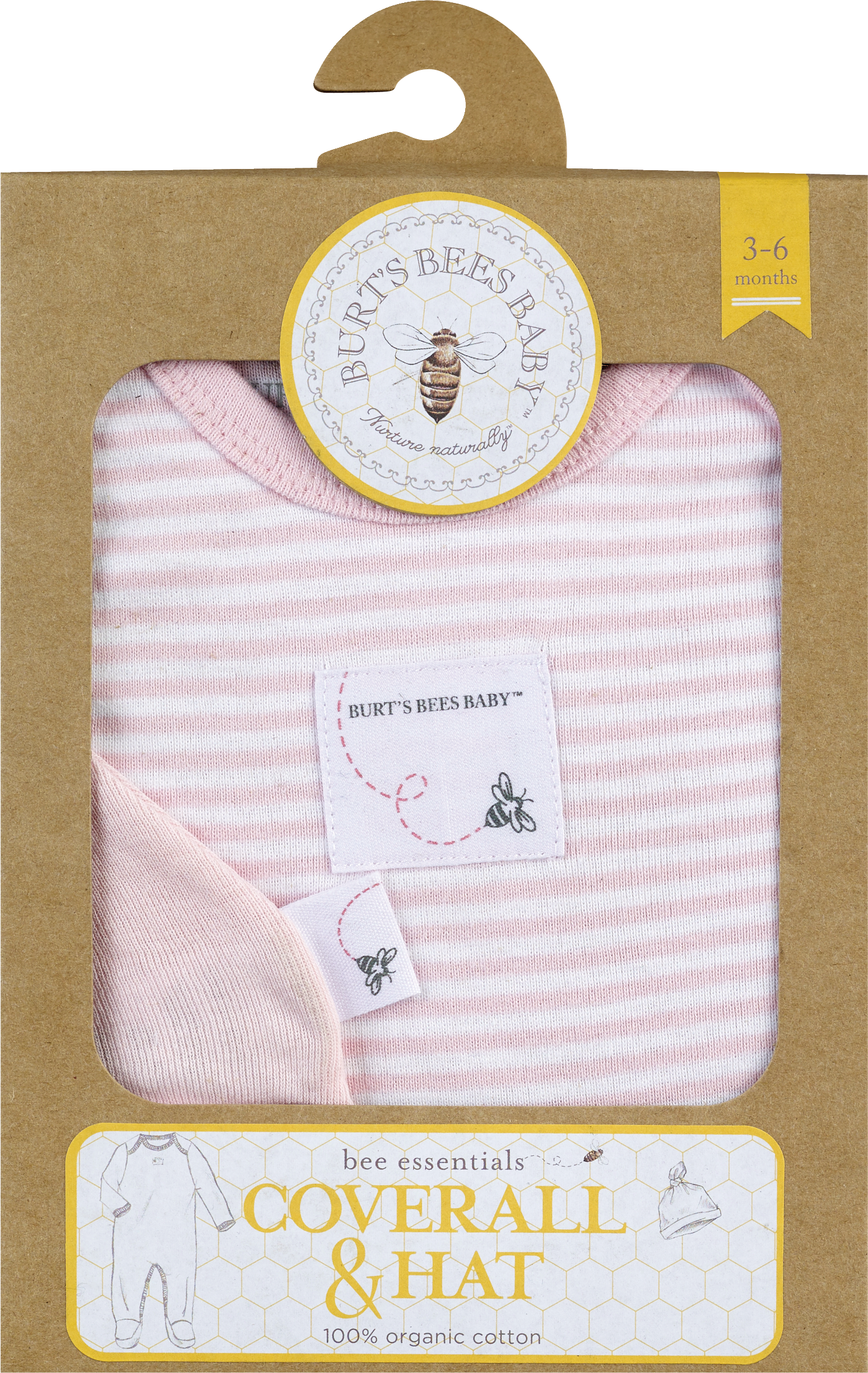 Burt's Bees Striped Coverall & Solid Hat, Blossom Pink, 3-6 Months