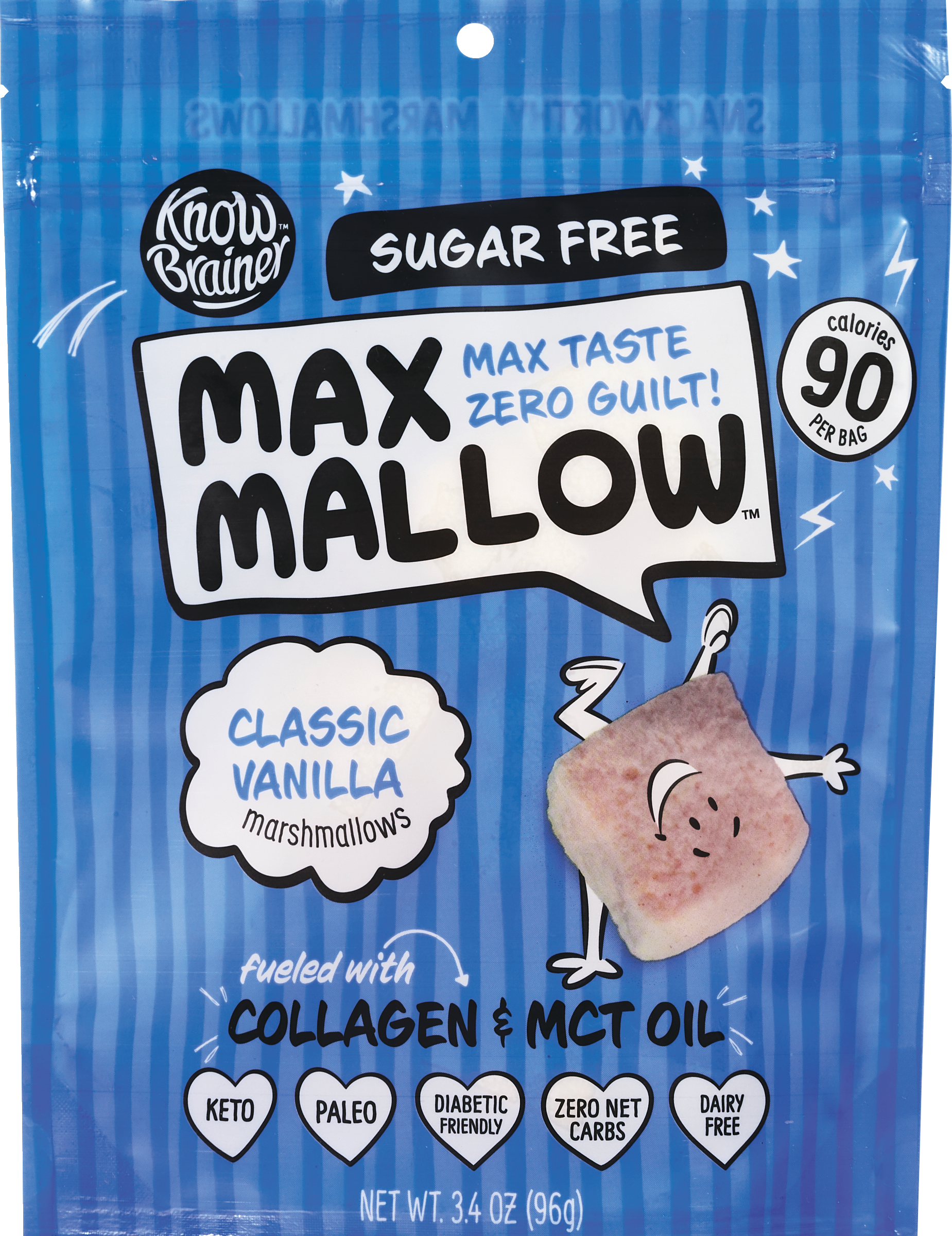 Max Mallow Classic Vanilla Keto Sugar Free Marshmallows, Fueled with Collagen & MCT Oil, 3.4 OZ