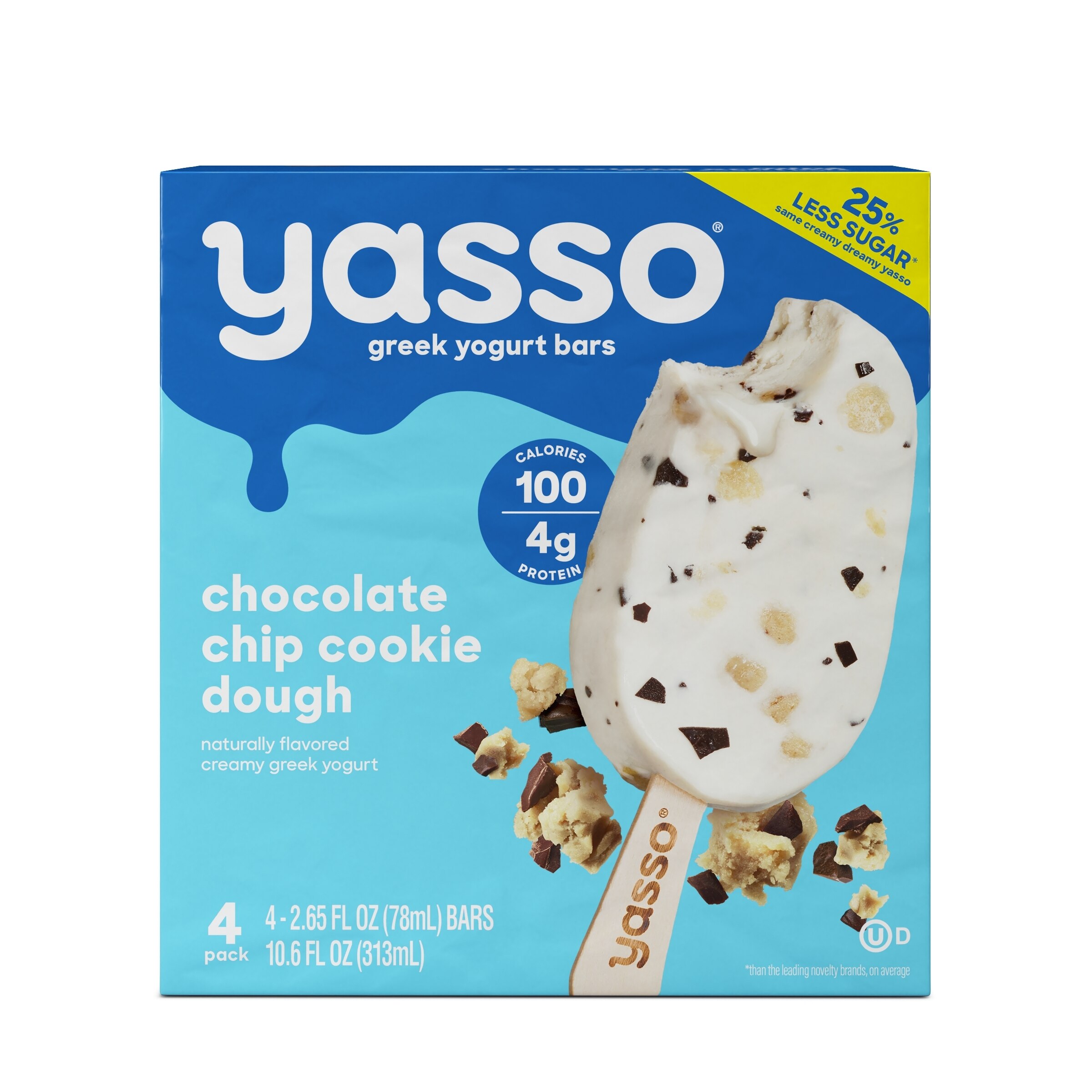 Yasso, Greek Yogurt Bars, Chocolate Chip Cookie Dough, 4 ct, 10.6 oz