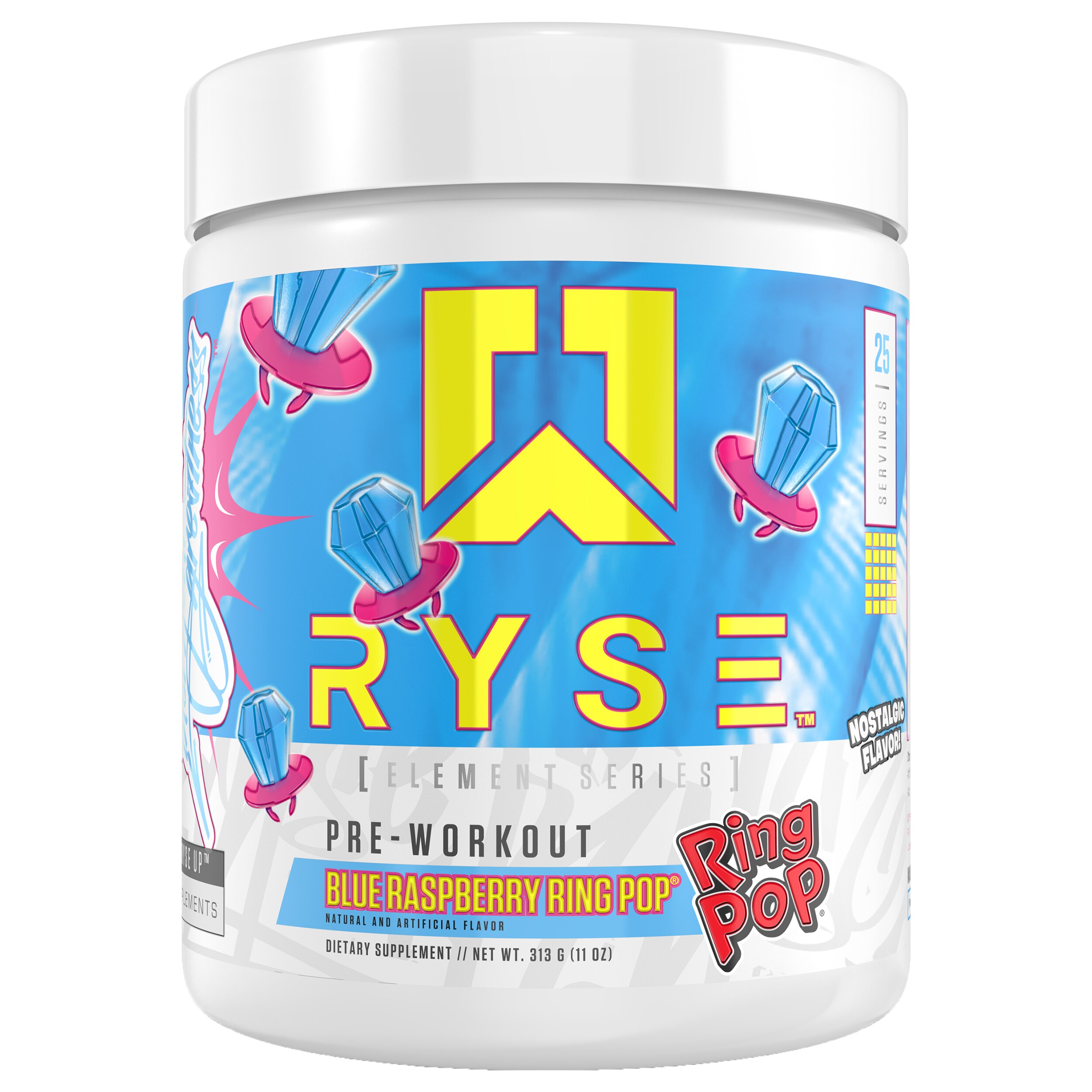 RYSE Element Pre-workout, Blue Raspberry Ring Pop, 200mg Caffeine, 25 servings